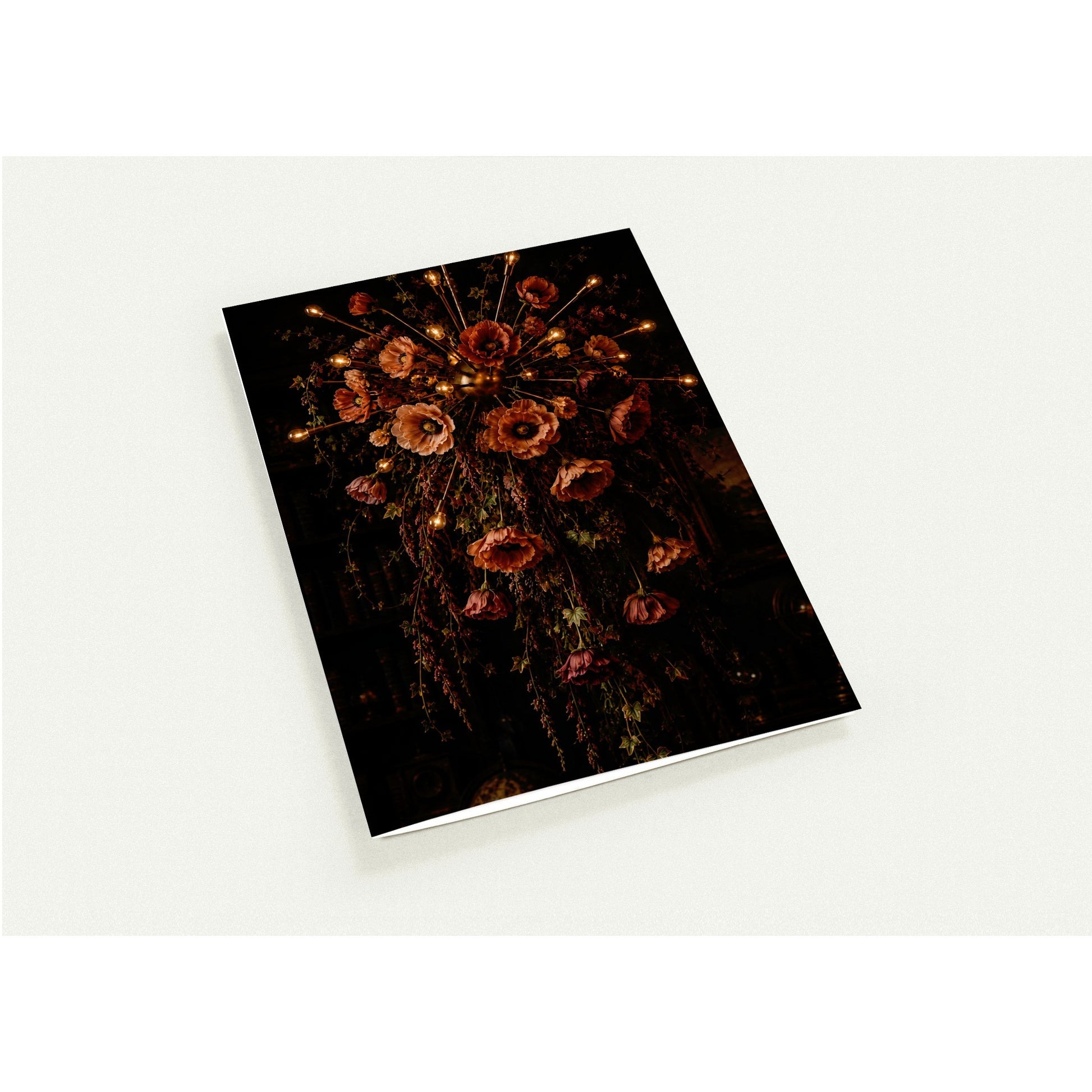note card with a floral design and mid century light 