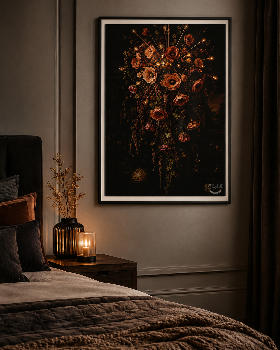 A framed vertical floral art print featuring dark red and orange flowers with warm glowing lights against a black background, displayed on a dark gray wall above a bed in a cozy, dimly lit bedroom.