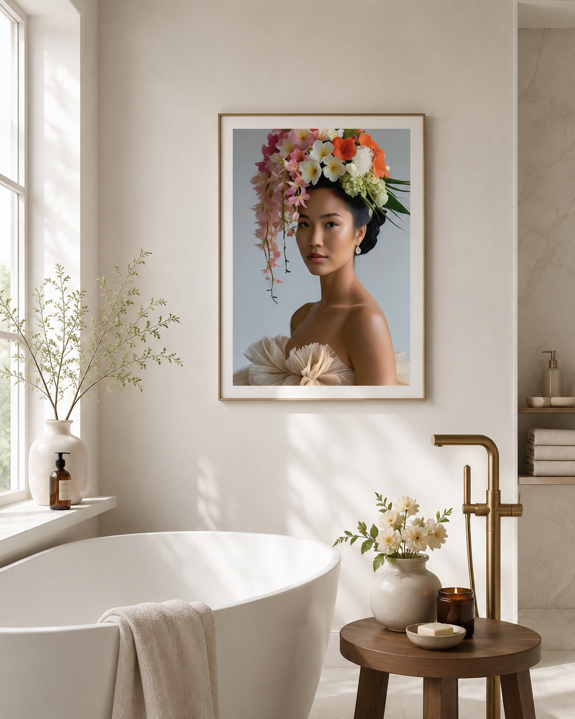 A framed art print depicting a woman with a large floral headpiece, hanging on a beige wall in a modern bathroom setting with a white bathtub and a wooden side table.