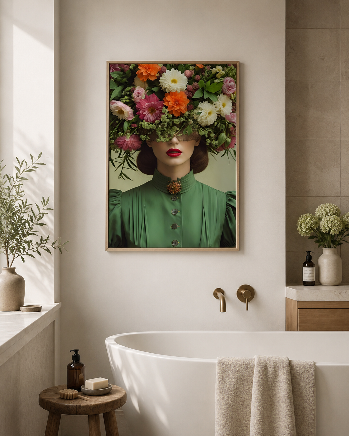 A framed art print featuring a woman with a vibrant floral crown and a green blouse, displayed on a bathroom wall above a white bathtub.