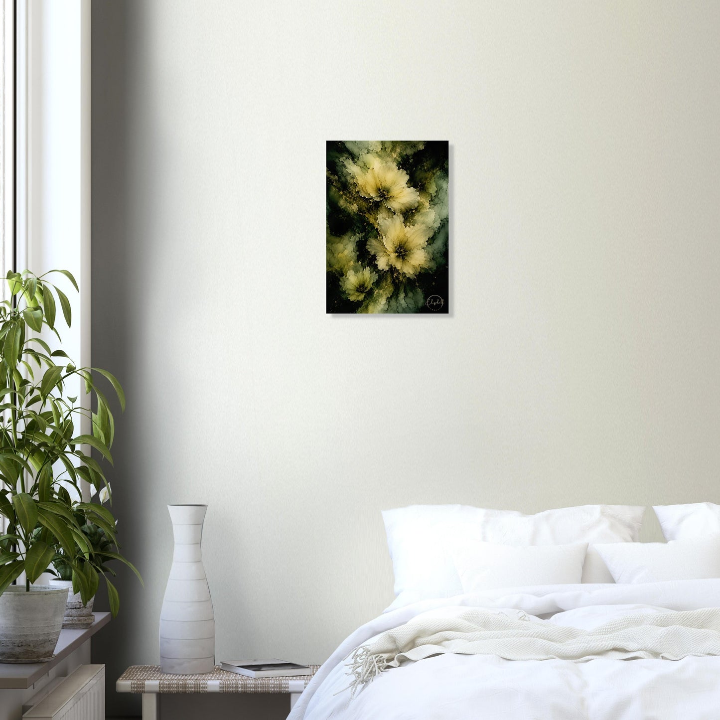 This is what happens when colour finds its quiet side. Midnight Moon is a moody floral giclee print with soft cream and pale yellow blooms drifting through deep olive, warm sage, and earthy ochre, the petals luminous and still against the rich, layered depths beneath. It has the calm of a painting that doesn't need to shout and the kind of warmth that makes a room feel like it has always been this considered.