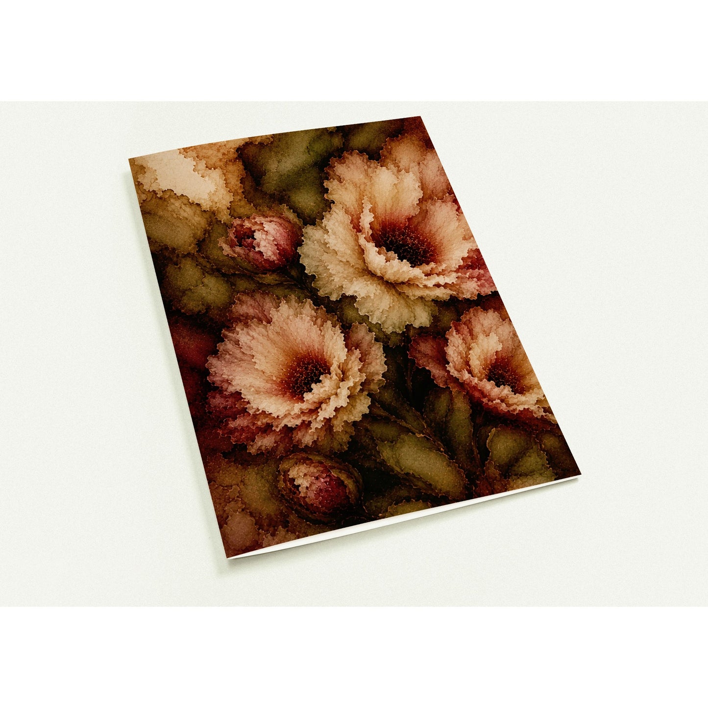 A rectangular art card featuring an abstract floral design in earthy tones, shown at an angle against a light off-white background.