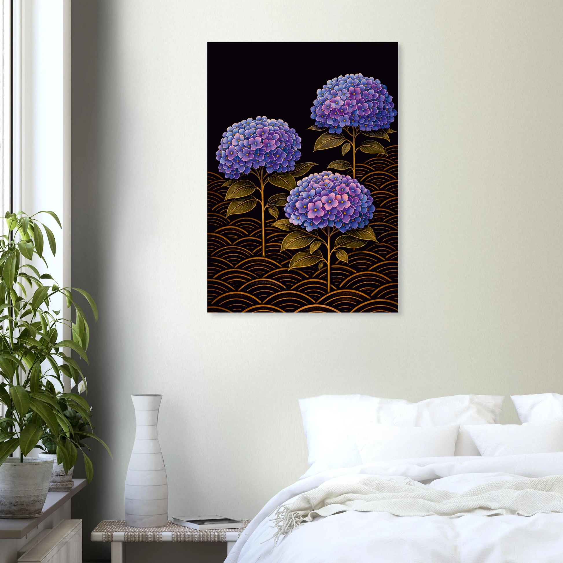 A vertical wall art print depicting three purple and blue hydrangea flowers with gold wave patterns on a black background, displayed in a modern bedroom setting above a bed with white bedding.