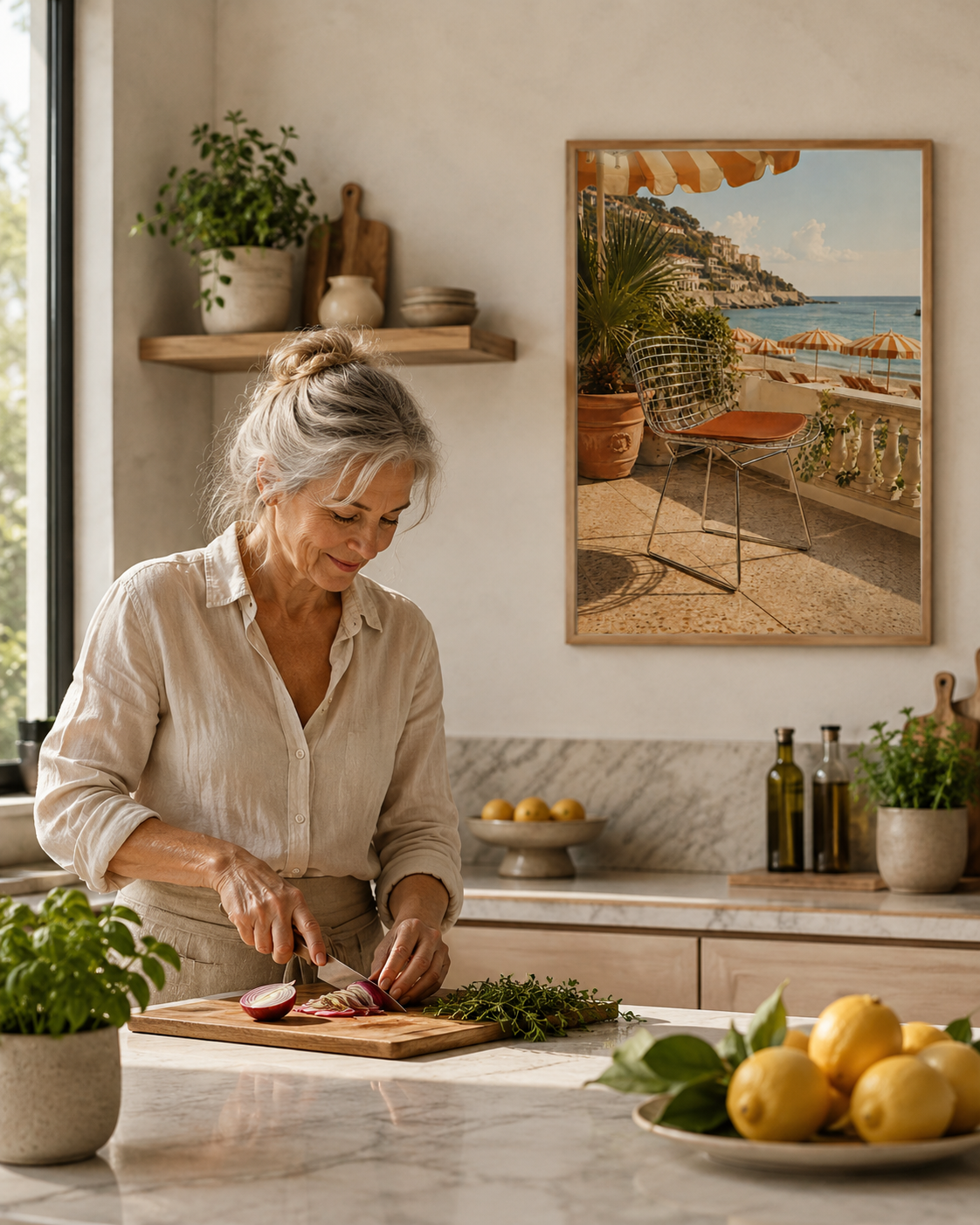 A woman in a beige linen shirt slices an onion on a wooden cutting board in a bright, modern kitchen. A framed art print depicting a sunny coastal terrace hangs on the wall behind her.