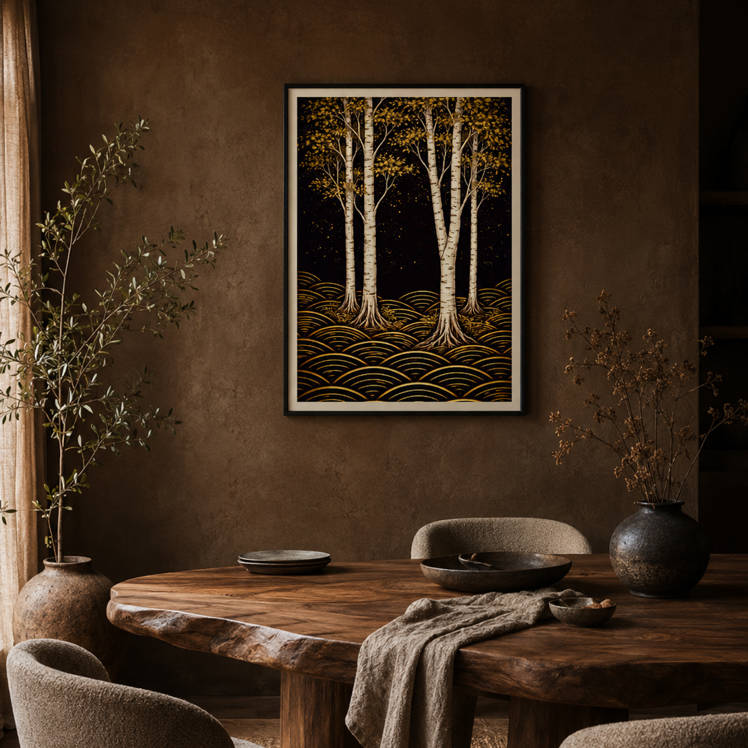 A framed vertical art print depicting stylized birch trees with gold-toned foliage and layered wave-like ground patterns on a dark background, displayed on a textured brown wall above a rustic wooden dining table with chairs.