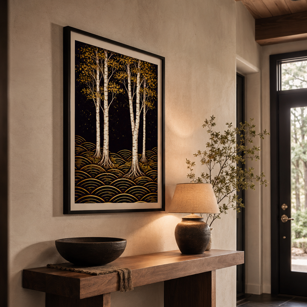 Framed wall art featuring three white-barked trees with gold foliage over a dark wave pattern, displayed above a wooden console table in a warm, modern interior.