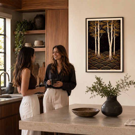 A framed art print depicting stylized golden trees on a black background hangs on a beige wall in a modern kitchen. Two women are standing and conversing near a stone-topped kitchen island with dark wood stools.