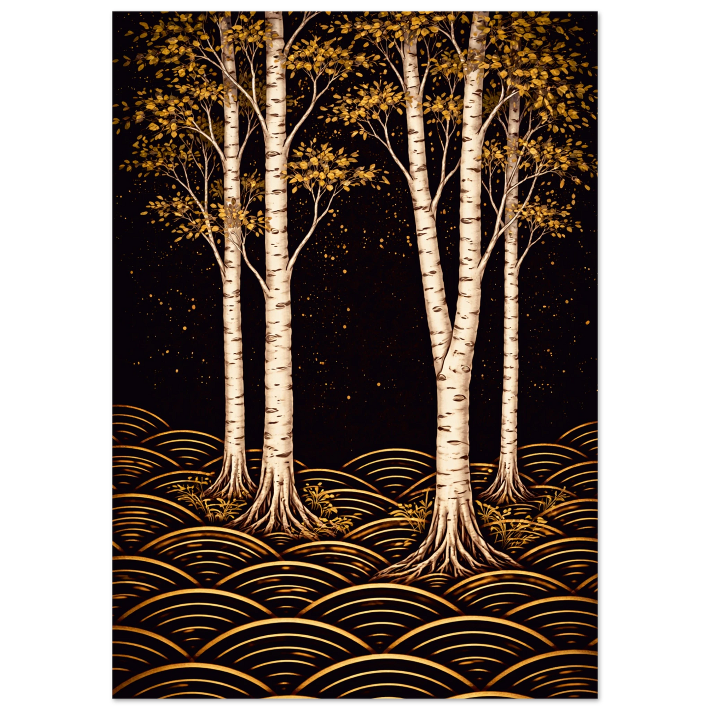 A vertical art print featuring stylized birch trees with white trunks and golden-yellow foliage against a dark starry sky, with layered gold wave-like patterns at the bottom.