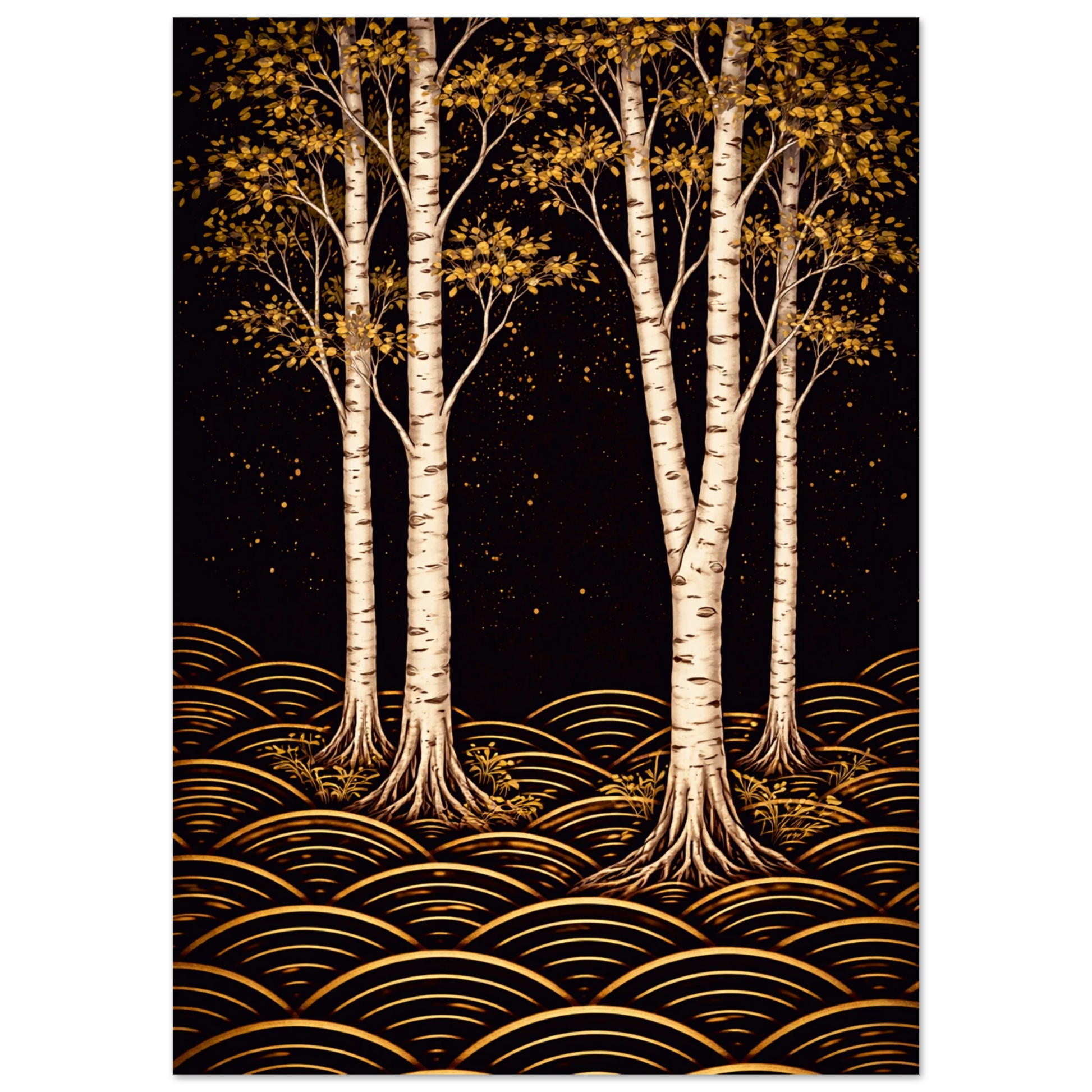 A vertical art print featuring stylized birch trees with white trunks and golden-yellow foliage against a dark starry sky, with layered gold wave-like patterns at the bottom.
