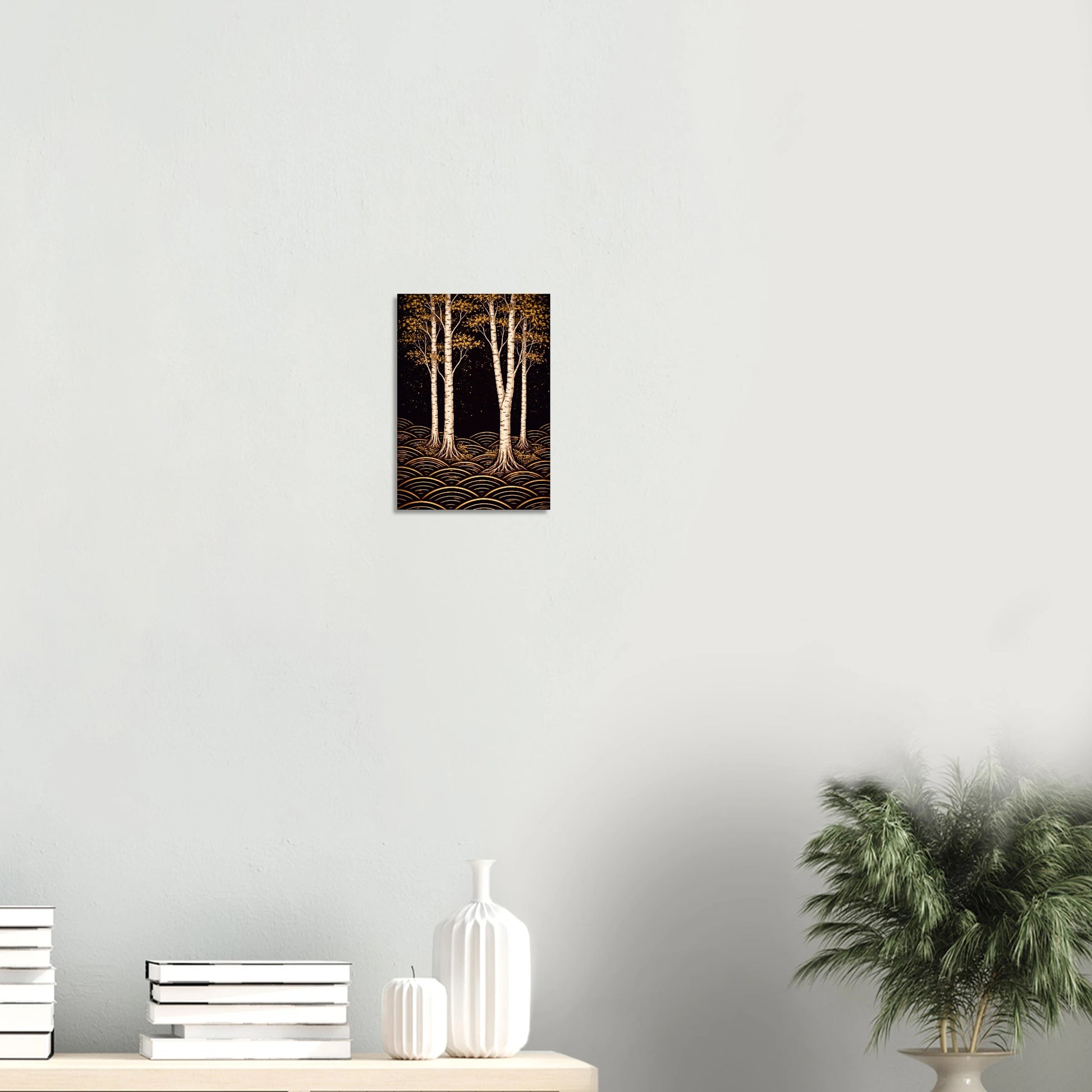 Four white birch trees rise from a ground of rippling gold arcs, their amber and olive leaves catching the last of the light against a deep, dark sky.&nbsp;Birch Trees Under Moonlight is still and electric at once, the kind of print that makes a room feel like it has a secret.