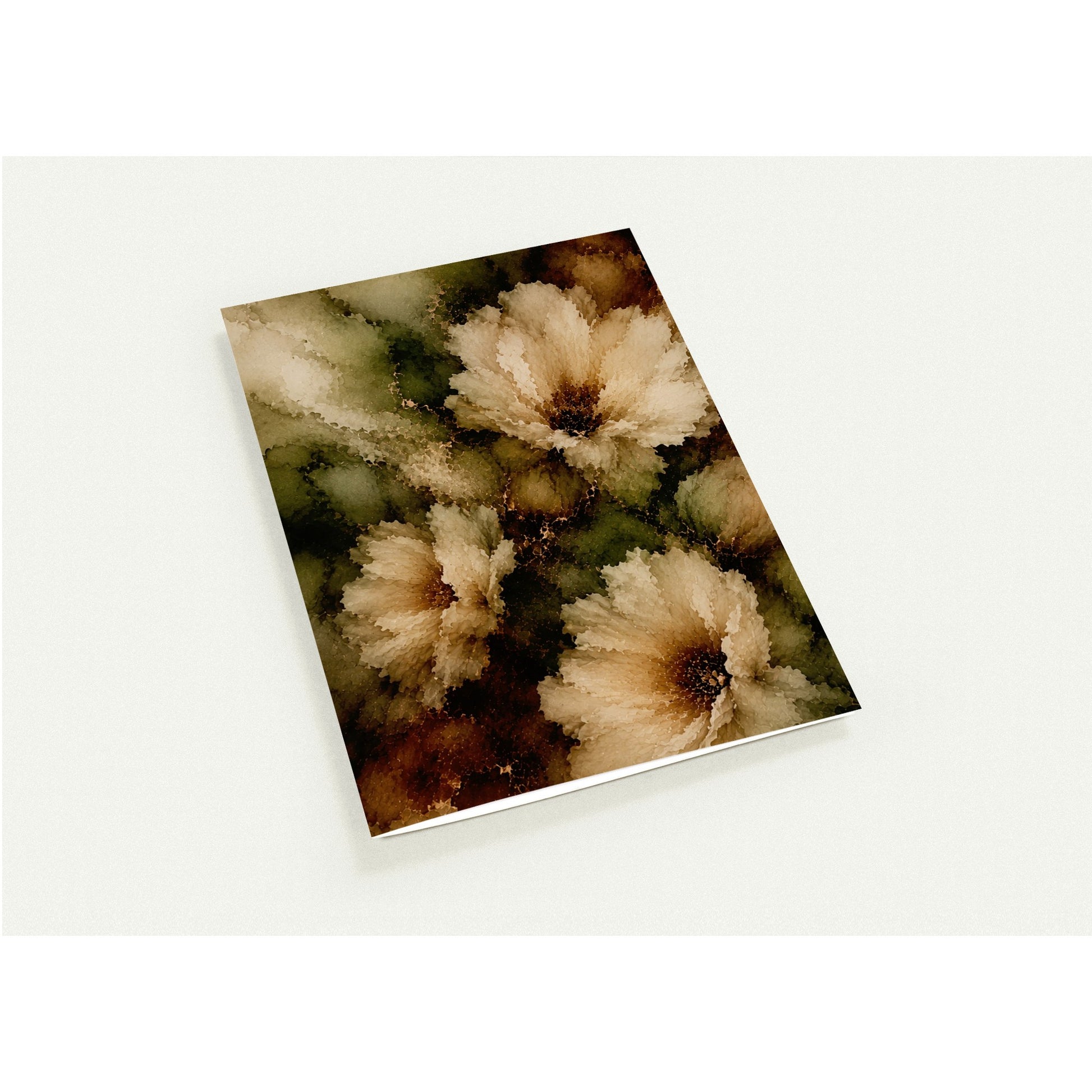 A rectangular art card with a floral abstract design, displayed at an angle on a light gray background.