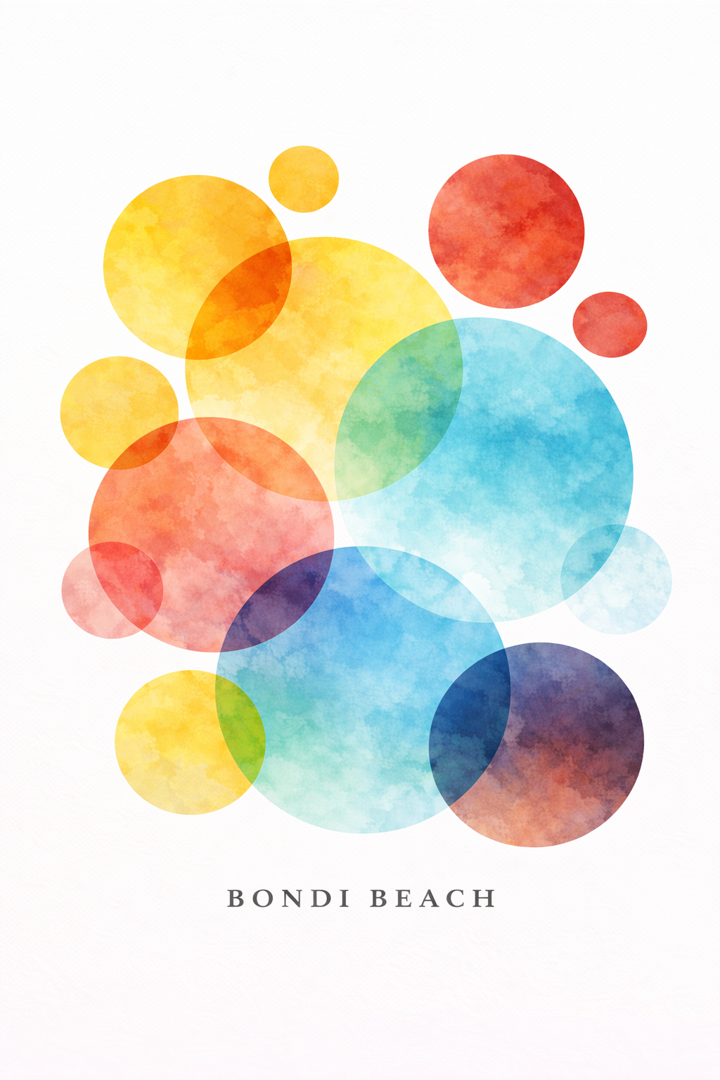 A minimalist art print featuring overlapping watercolor circles in yellow, orange, red, green, blue, and purple on a white background, with the text 'BONDI BEACH' printed below in a clean serif font.