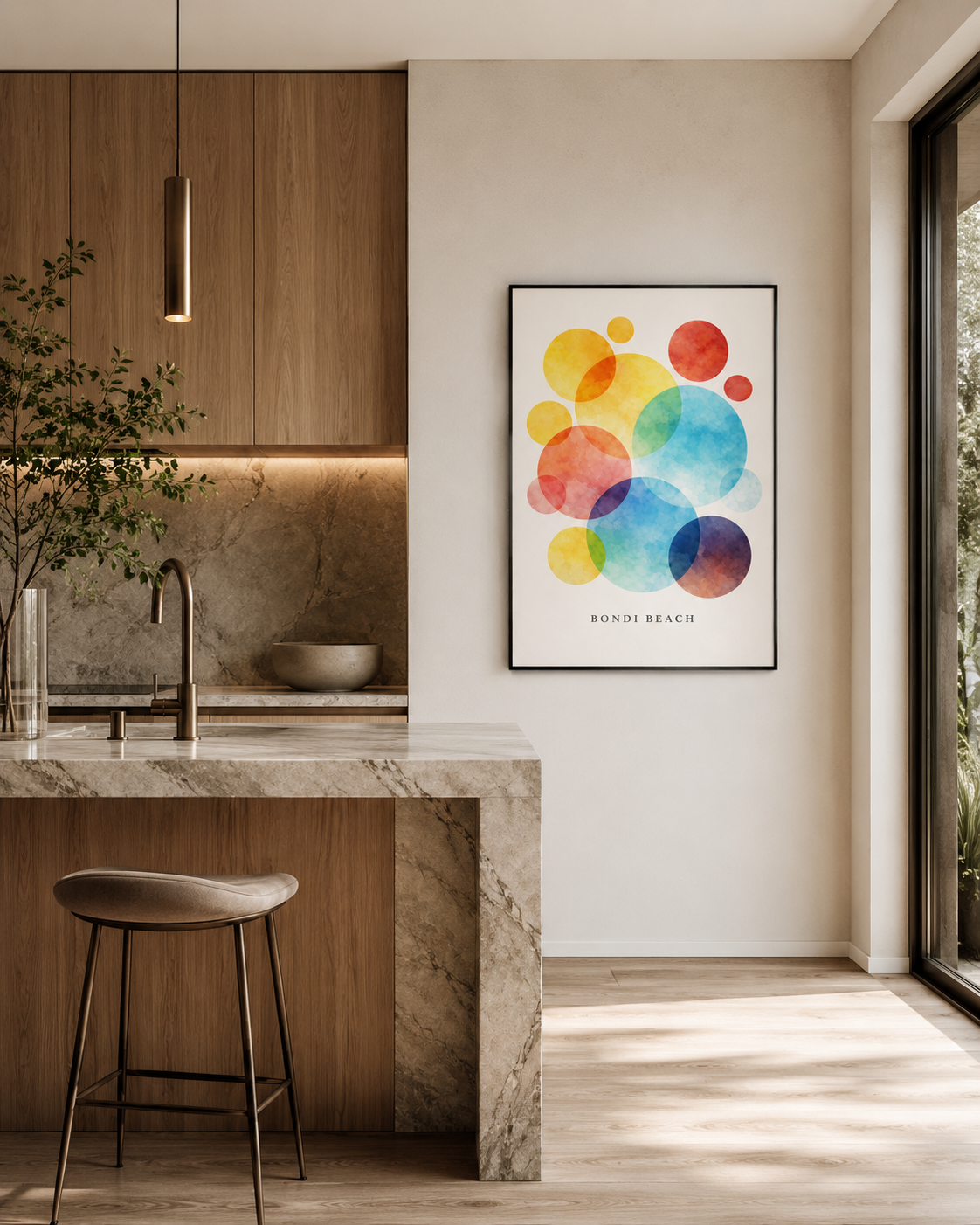A framed wall art print featuring colorful watercolor circles in yellow, orange, red, blue, and purple, with the text 'BONDI  BEACH' at the bottom, displayed in a modern kitchen setting.