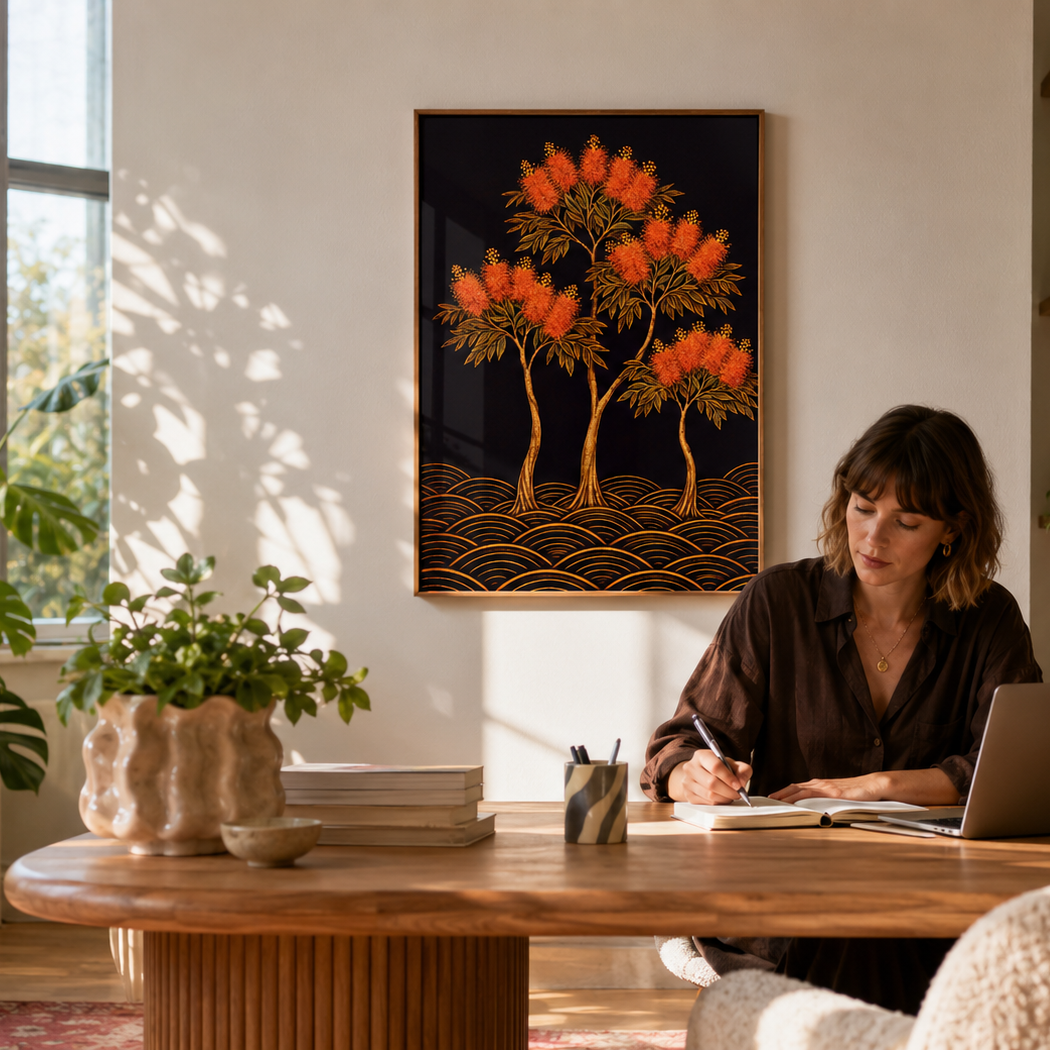 A woman sits at a wooden desk in a bright, modern home office, writing in a notebook with a laptop nearby. On the wall above her is a framed art print depicting stylized orange trees on a dark background.