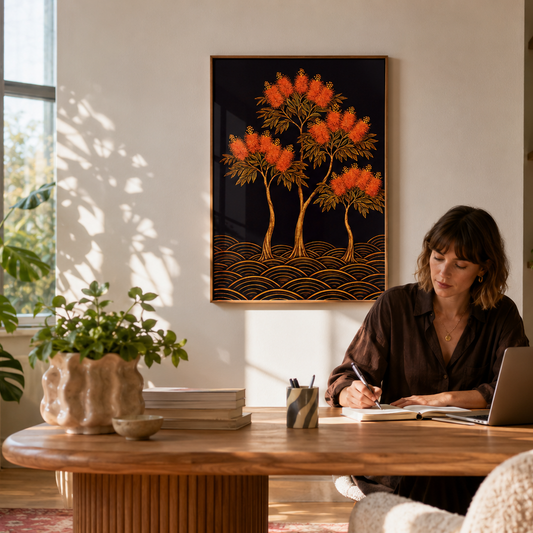 A woman sits at a wooden desk in a bright, modern home office, writing in a notebook with a laptop nearby. On the wall above her is a framed art print depicting stylized orange trees on a dark background.