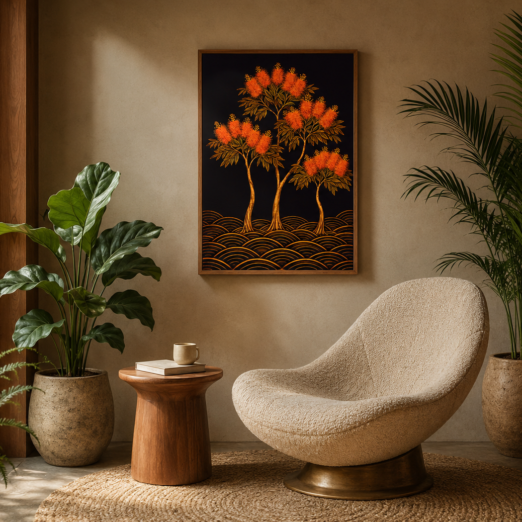 A framed wall art print featuring stylized orange trees on a dark background, displayed in a warm, modern living room setting with a beige boucle chair, potted plants, and a wooden side table.