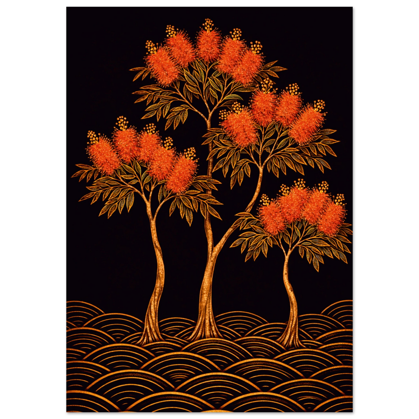 A stylized botanical artwork showing three orange-brown flowering trees with dark green leaves on a black background, with curved gold wave-like lines along the bottom.