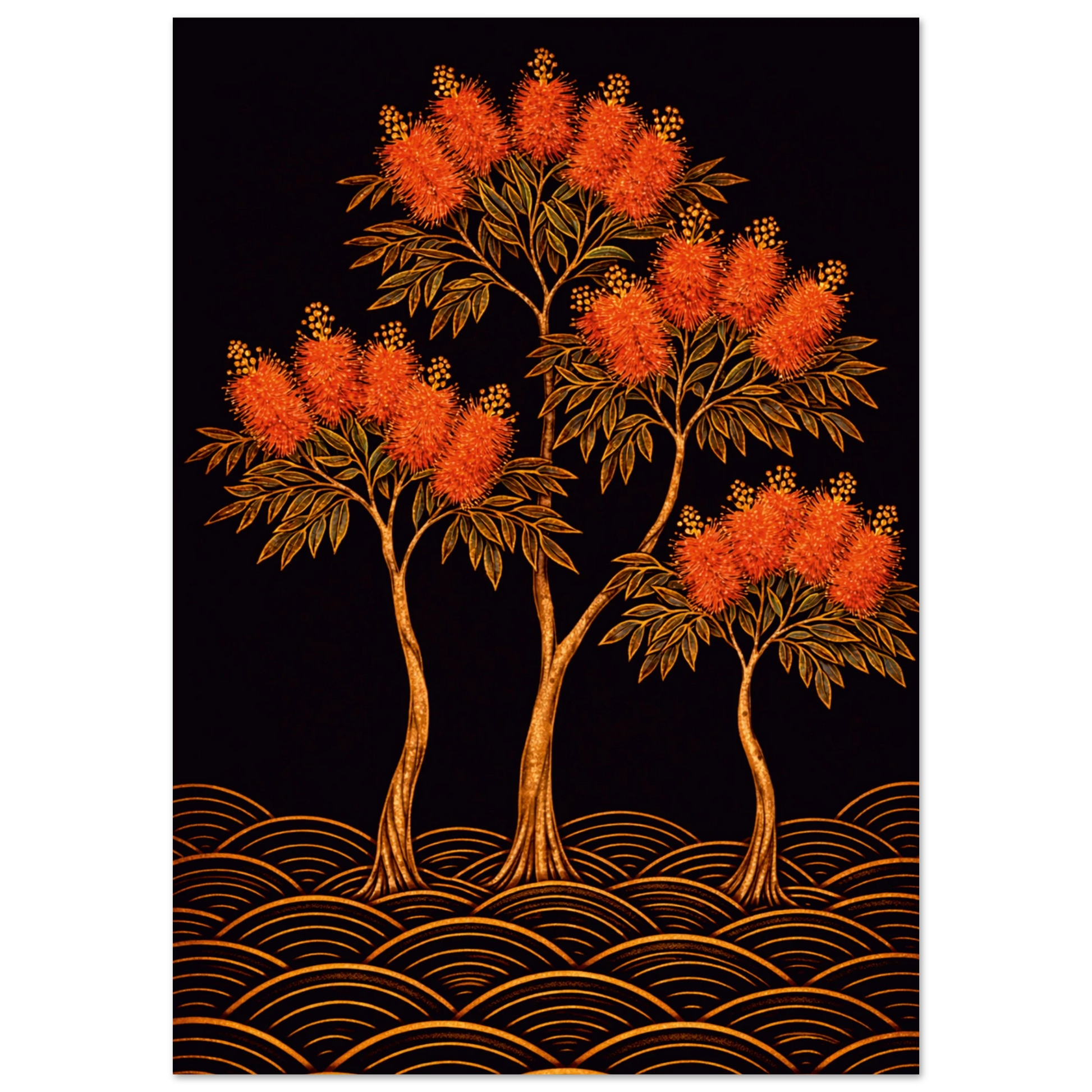 A stylized botanical artwork showing three orange-brown flowering trees with dark green leaves on a black background, with curved gold wave-like lines along the bottom.