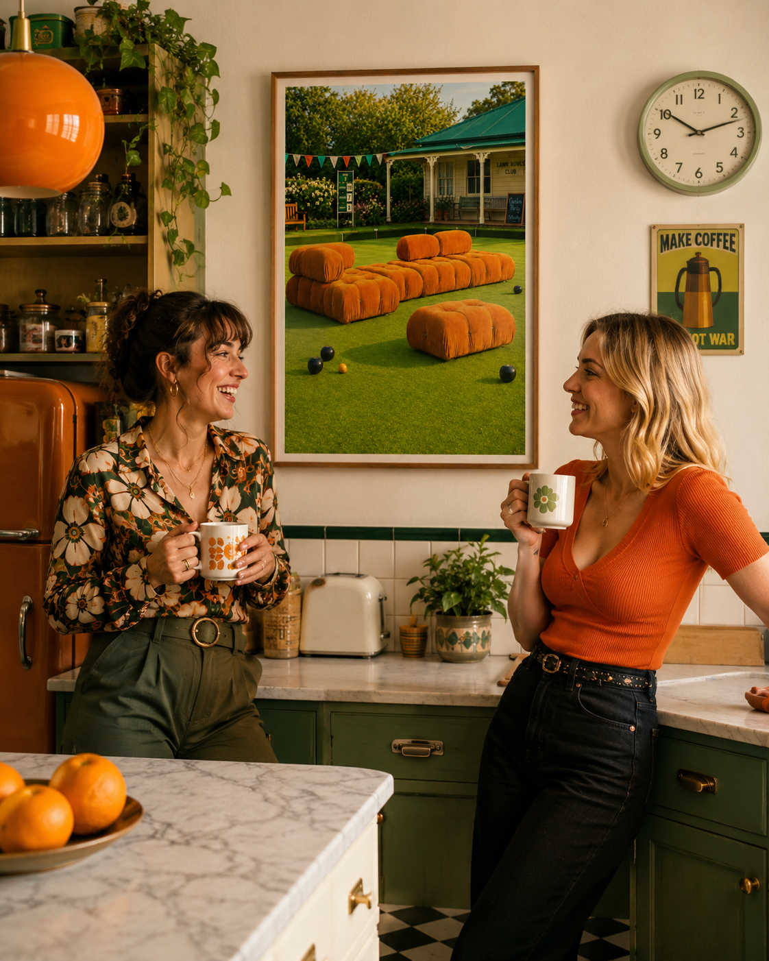 Two women laughing and holding mugs in a retro-style kitchen, with a large framed art print of a garden lounge scene hanging on the wall behind them.