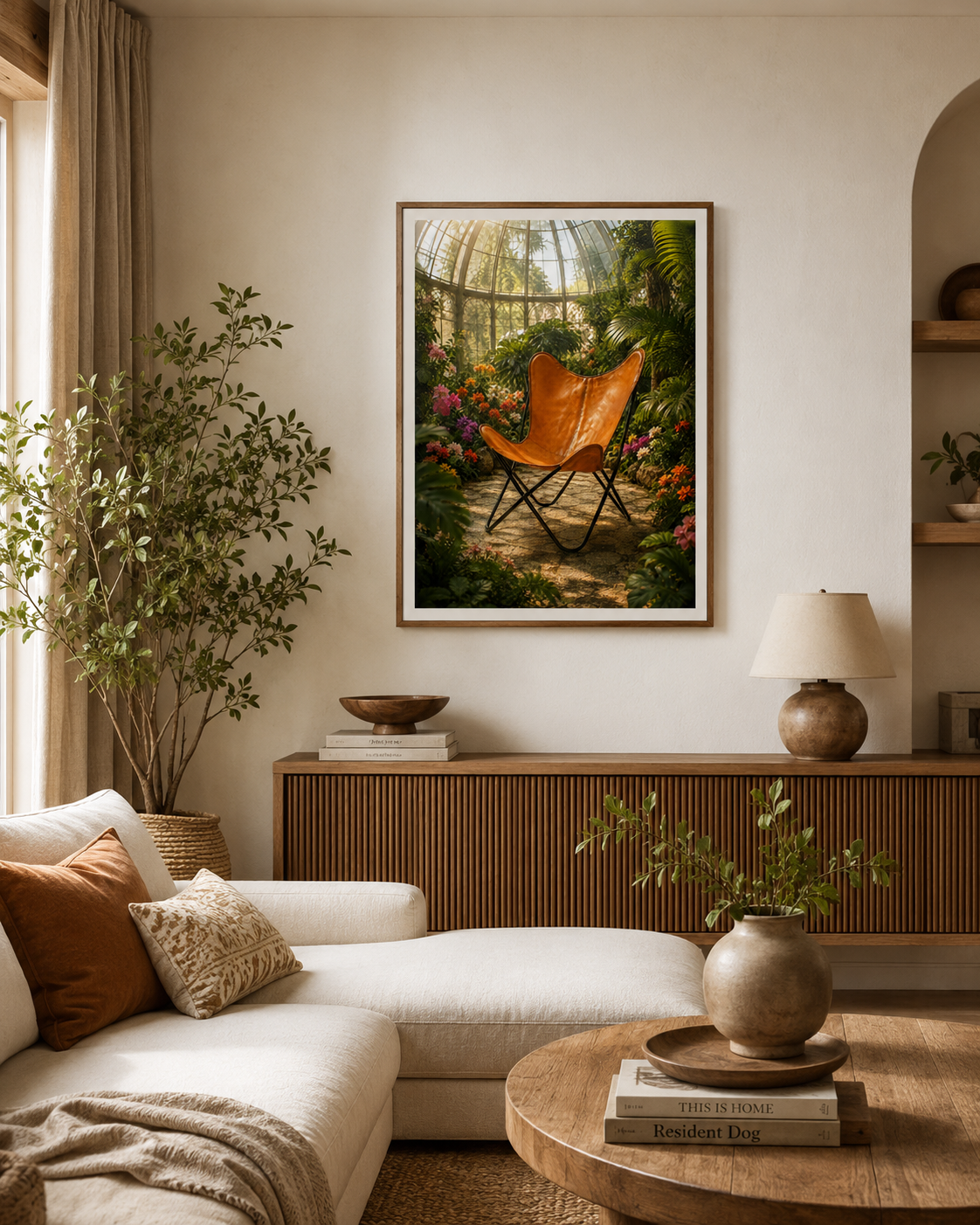 A framed art print depicting an orange butterfly chair in a lush green greenhouse, displayed on a beige wall in a modern, sunlit living room with a white sofa, wooden console, and a lamp.