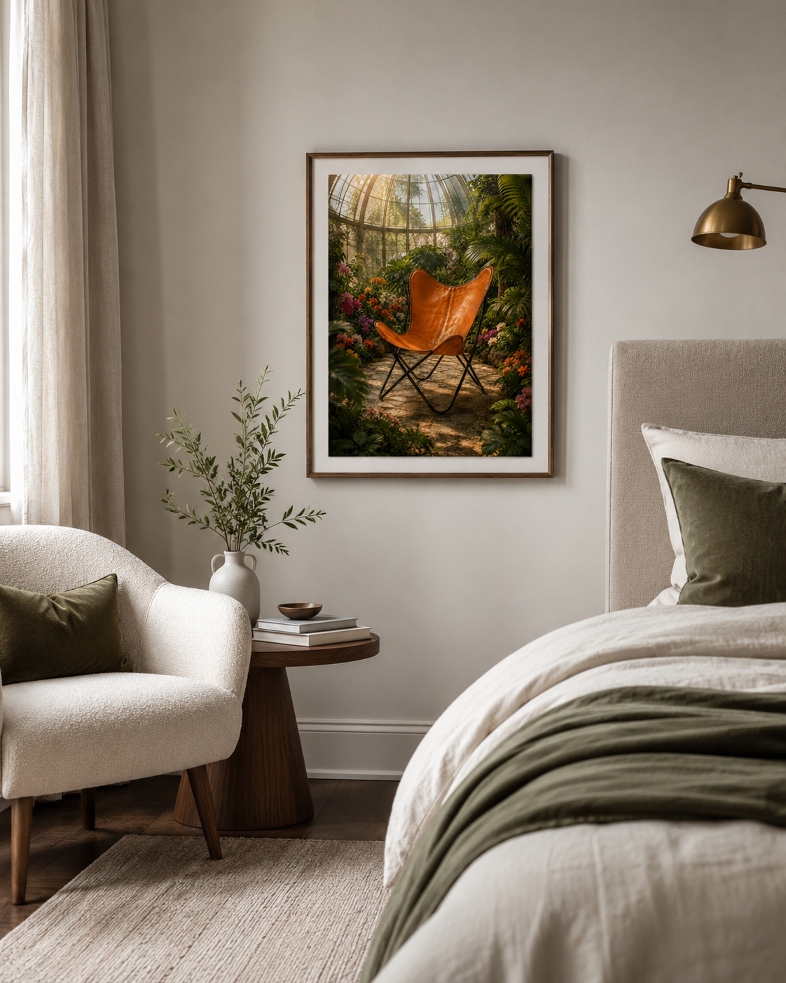 A framed art print depicting an orange leather butterfly chair in a lush green greenhouse, styled on a neutral bedroom wall above a bed with white linens and an armchair.