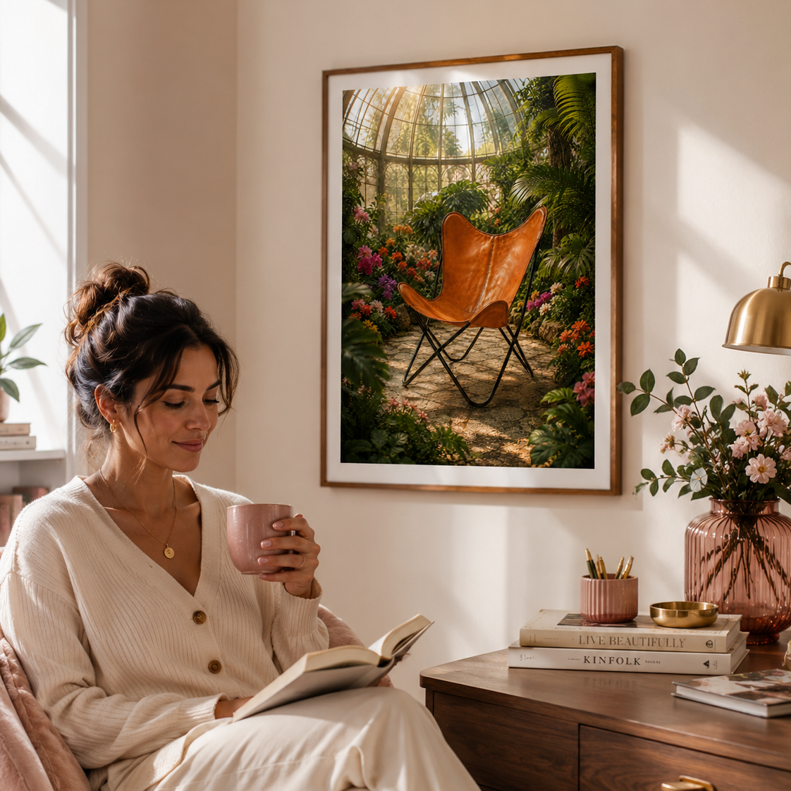 A woman in a cream lounge set sits in a pink armchair reading a book and holding a mug in a sunlit room, with a framed botanical art print featuring an orange butterfly chair hanging on the wall above a wooden side table.