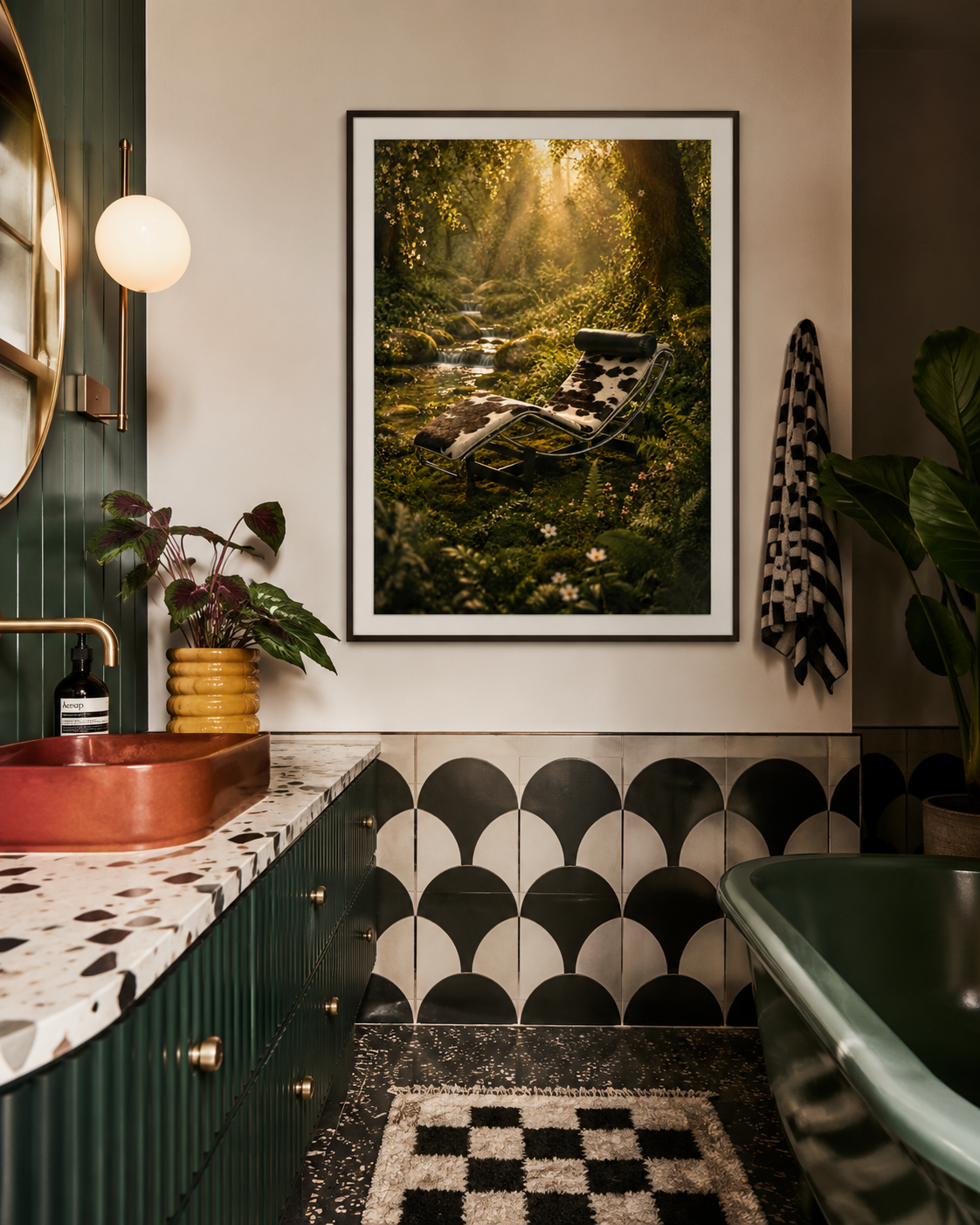 A framed art print depicting a sunlit forest stream and a black-and-white patterned lounge chair, displayed on a bathroom wall above a patterned tile wall and green vanity.