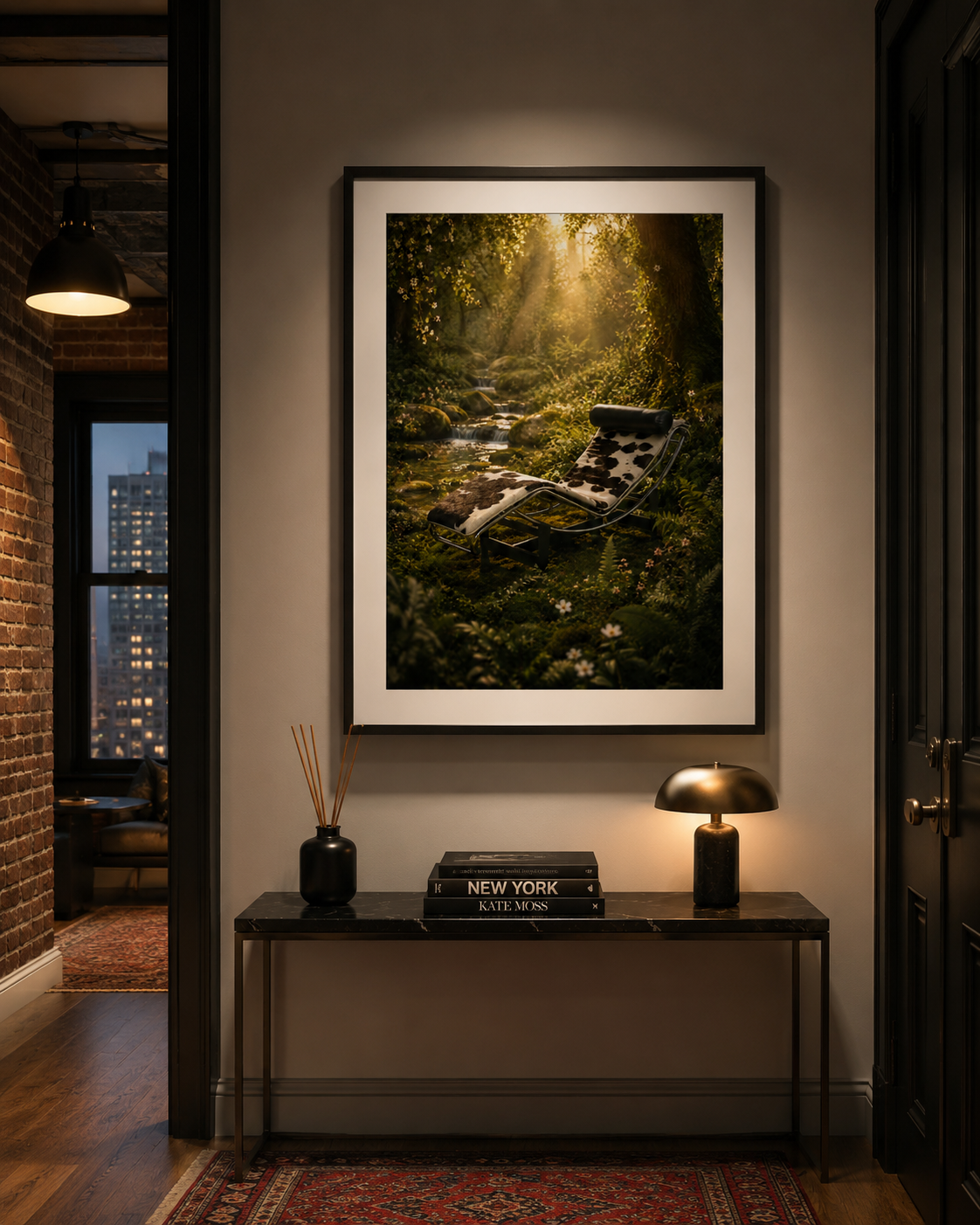 A framed vertical art print depicting a sunlit forest stream and mossy rocks, displayed on a wall above a console table in a modern interior setting.