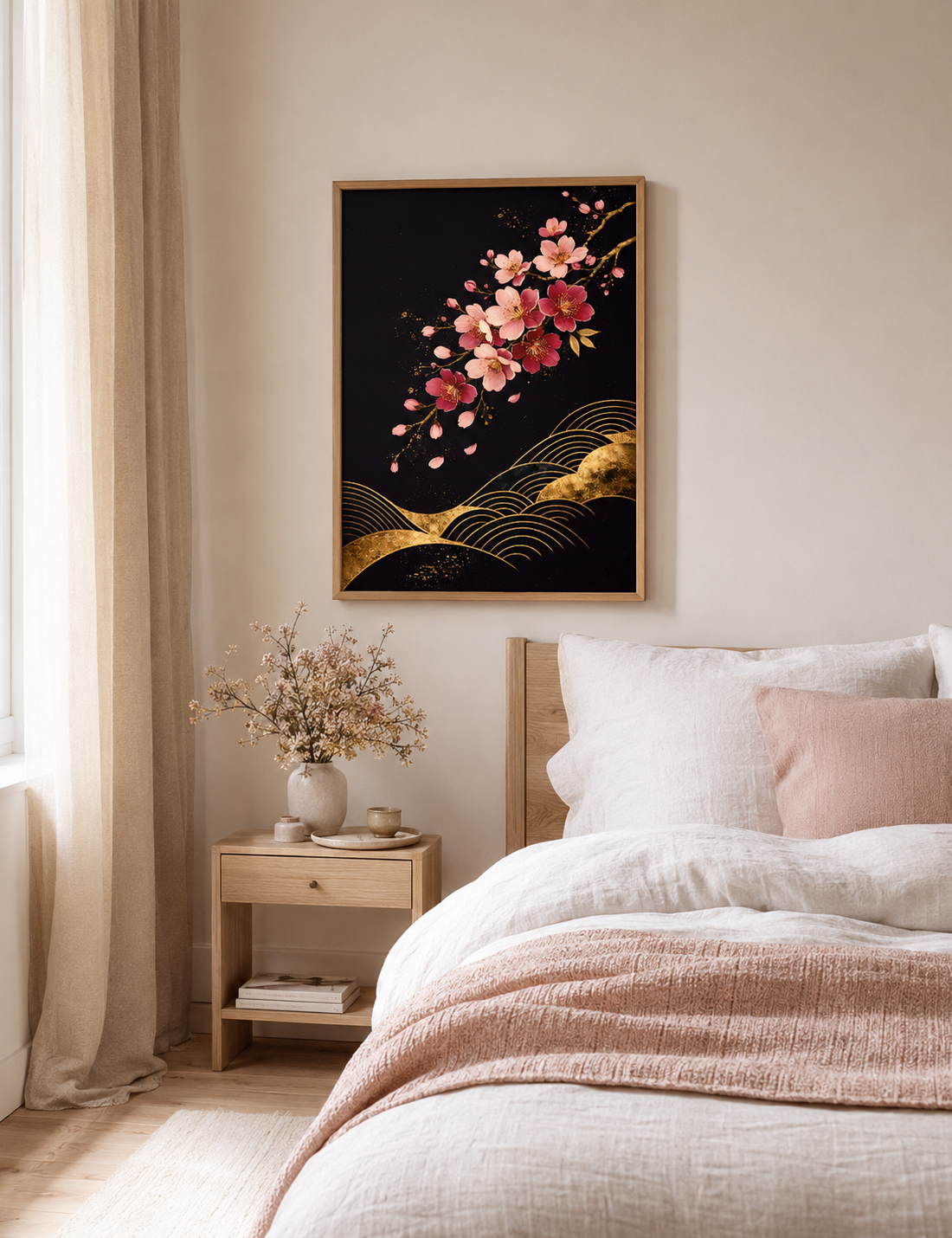 A framed wall art print featuring pink cherry blossoms and gold wave-like lines on a black background, displayed above a neatly made bed in a softly lit bedroom.