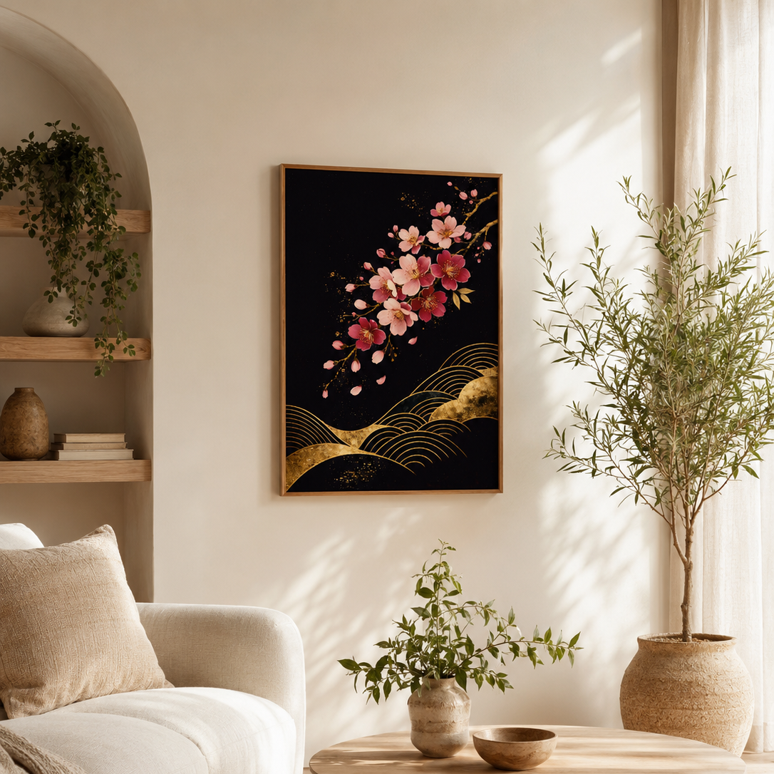 A framed wall art print featuring pink cherry blossoms and gold wave-like lines on a black background, displayed in a warm, modern living room with a sofa, coffee table, and potted plants.