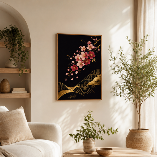 A framed wall art print featuring pink cherry blossoms and gold wave-like lines on a black background, displayed in a warm, modern living room with a sofa, coffee table, and potted plants.