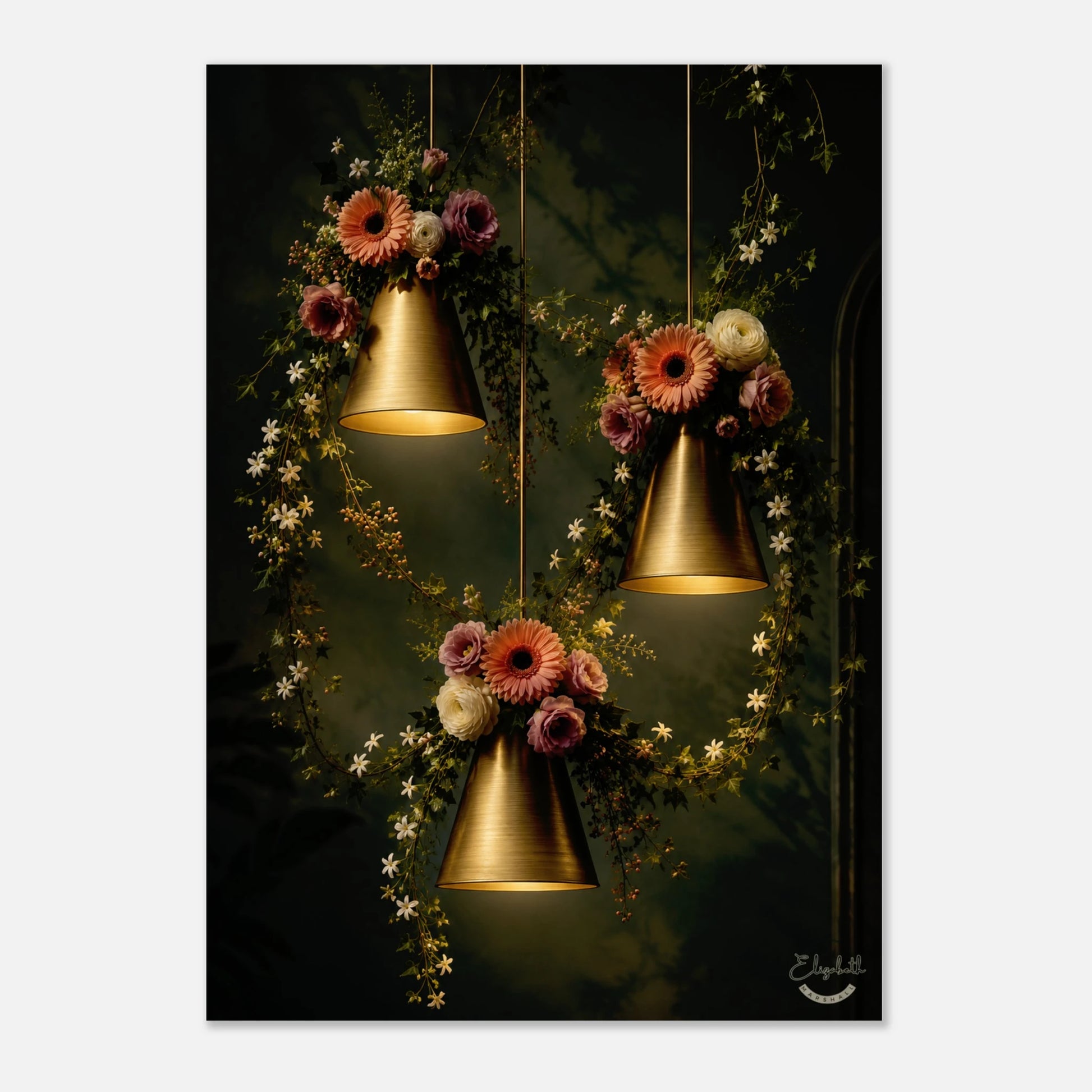 A vertical art print or poster featuring a moody still-life scene of three hanging gold bell-shaped pendant lights adorned with pink, orange, and white flowers against a dark background.