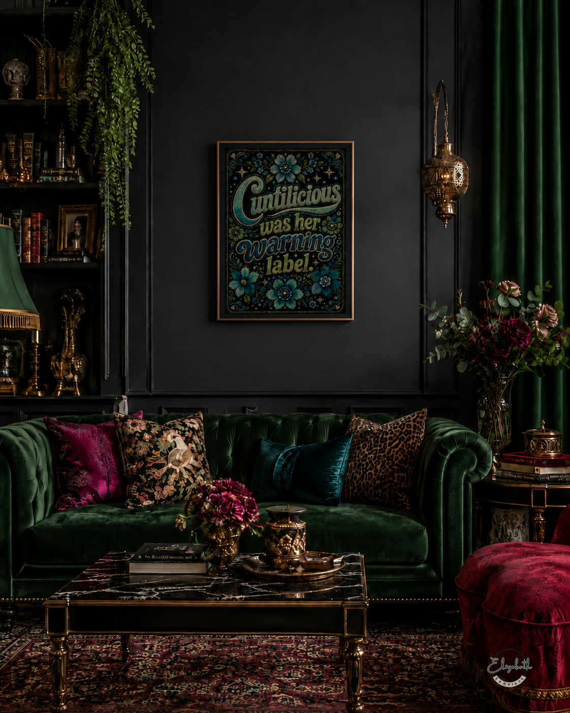 Retro cool feminine power artwork  in a velvet lounge setting 
