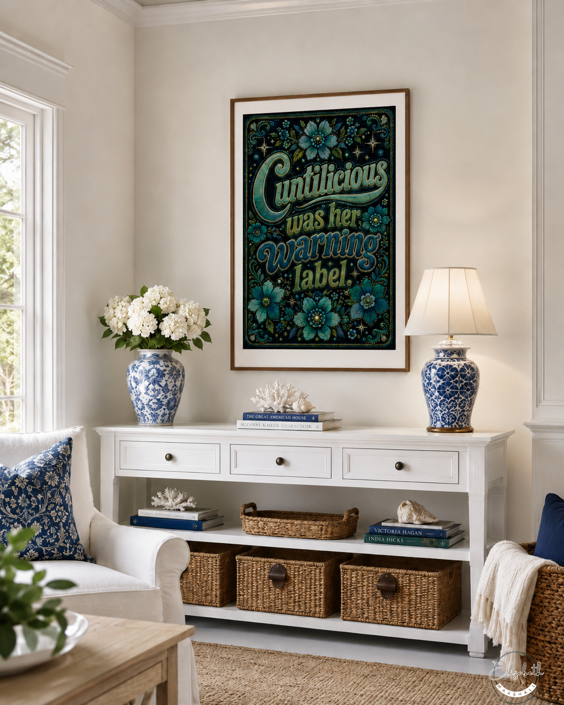 feminine power print in a hamptons living room 