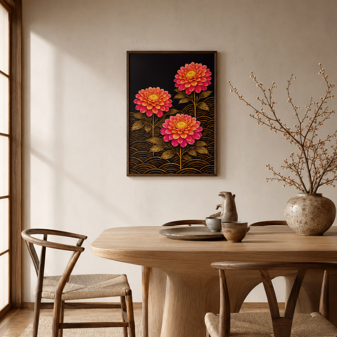 A framed wall art print featuring three large pink and orange flowers on a dark background, hung above a light wood dining table with chairs in a warm, sunlit room.