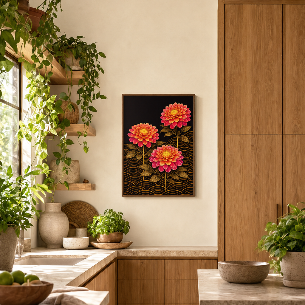 Dahlias for my Darling blooms in the dark, three full-headed dahlias in warm coral and deep pink rising on golden stems, their petals layered and luminous, their centres glowing amber against a deep dark ground. Dark gold foliage frames each bloom, and beneath them all, a field of seigaiha waves catches the light. It is lush, romantic and quietly breathtaking, the kind of print you give to someone you want to impress, or keep entirely for yourself.