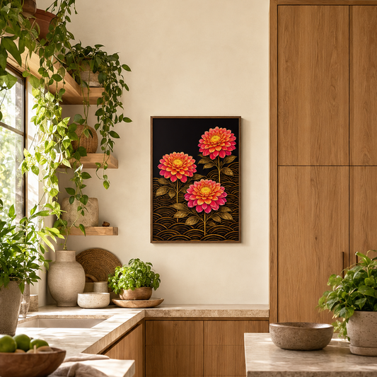 Dahlias for my Darling blooms in the dark, three full-headed dahlias in warm coral and deep pink rising on golden stems, their petals layered and luminous, their centres glowing amber against a deep dark ground. Dark gold foliage frames each bloom, and beneath them all, a field of seigaiha waves catches the light. It is lush, romantic and quietly breathtaking, the kind of print you give to someone you want to impress, or keep entirely for yourself.