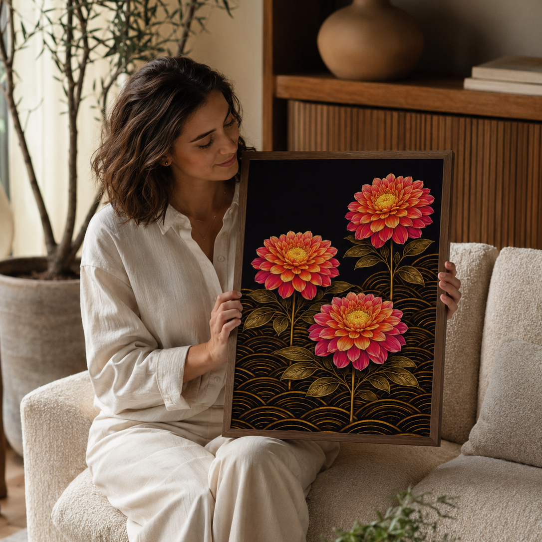 Dahlias for my Darling blooms in the dark, three full-headed dahlias in warm coral and deep pink rising on golden stems, their petals layered and luminous, their centres glowing amber against a deep dark ground. Dark gold foliage frames each bloom, and beneath them all, a field of seigaiha waves catches the light. It is lush, romantic and quietly breathtaking, the kind of print you give to someone you want to impress, or keep entirely for yourself.