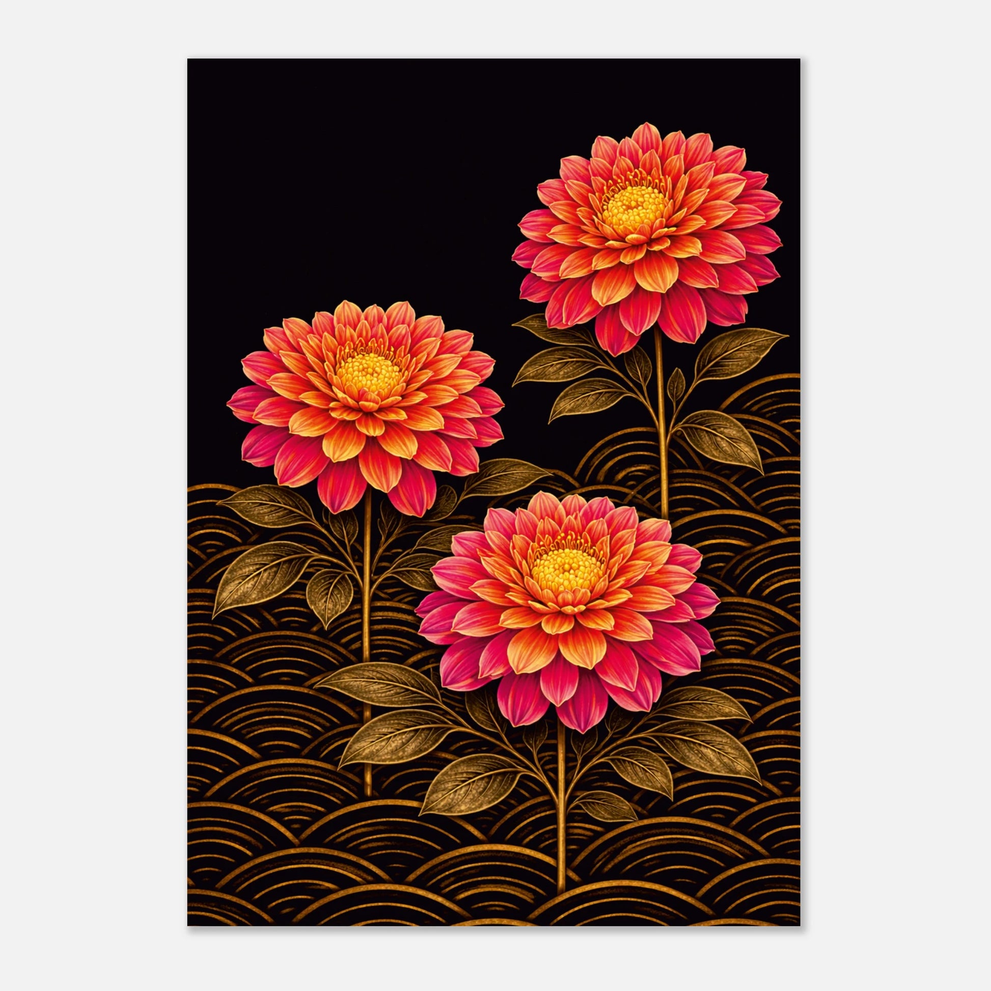 A vertical art print featuring three large dahlia flowers in vibrant pink, red, and orange with yellow centers, set against a black background with gold wave patterns at the bottom.
