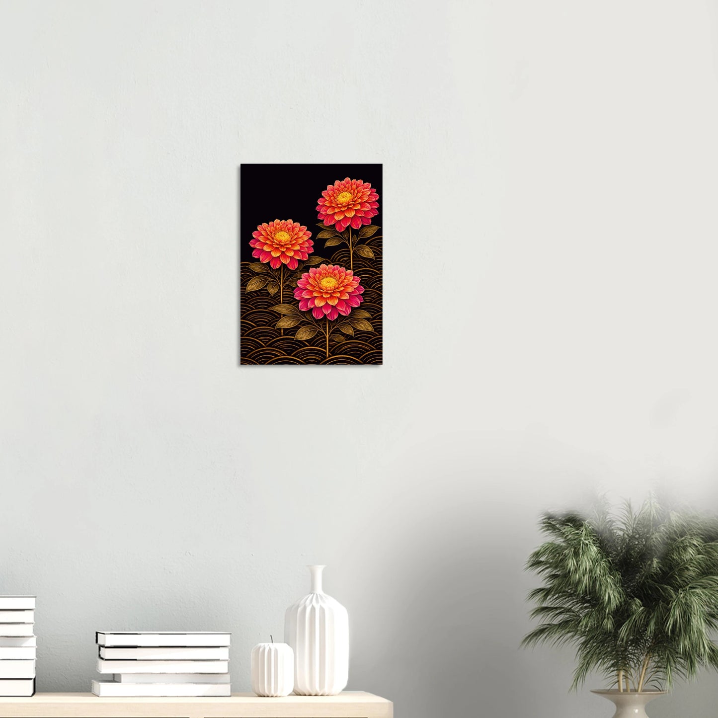 Dahlias for my Darling blooms in the dark, three full-headed dahlias in warm coral and deep pink rising on golden stems, their petals layered and luminous, their centres glowing amber against a deep dark ground. Dark gold foliage frames each bloom, and beneath them all, a field of seigaiha waves catches the light. It is lush, romantic and quietly breathtaking, the kind of print you give to someone you want to impress, or keep entirely for yourself.