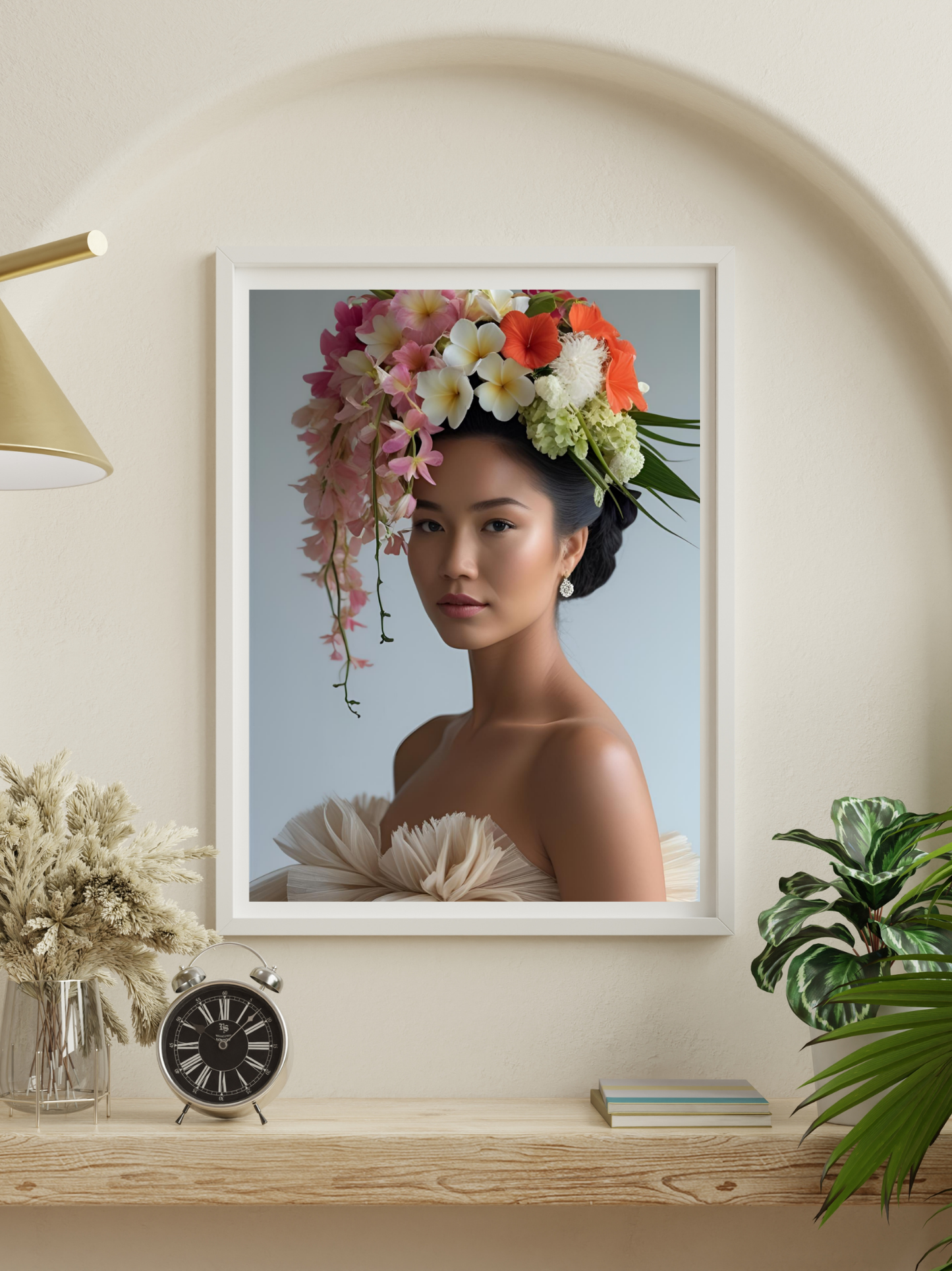 A framed art print featuring a woman with a large floral headpiece, displayed on a beige wall above a wooden shelf with decorative items including a lamp, clock, dried flowers, and a plant.