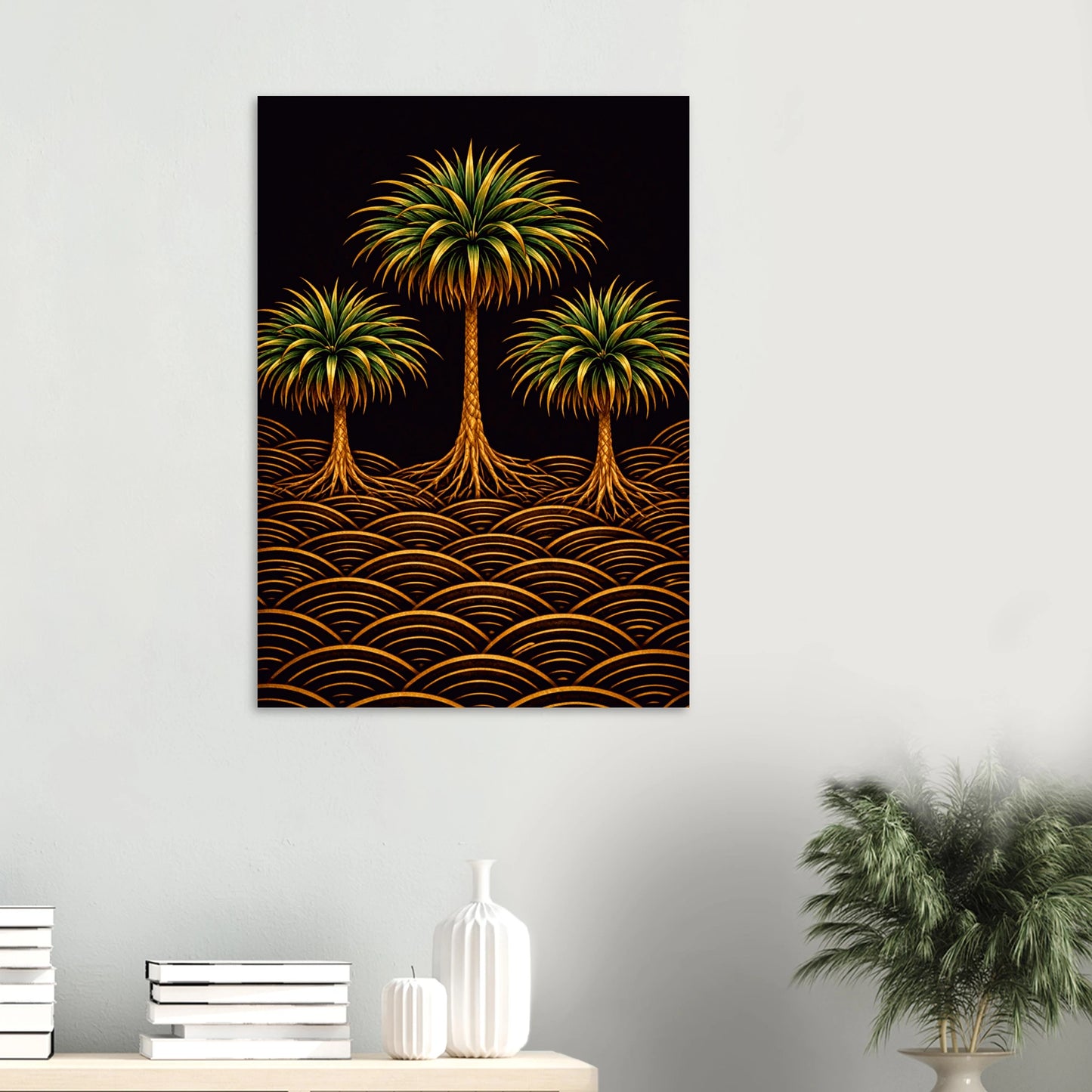 A vertical canvas wall art print featuring three stylized palm trees and golden wave-like lines on a black background, displayed on a light gray wall above a shelf with books, white vases, and a potted plant.