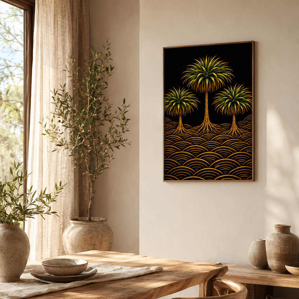 A framed wall art print featuring stylized green palm trees over a black background with gold wave-like patterns, displayed in a warm, sunlit dining room above a wooden table and chairs.