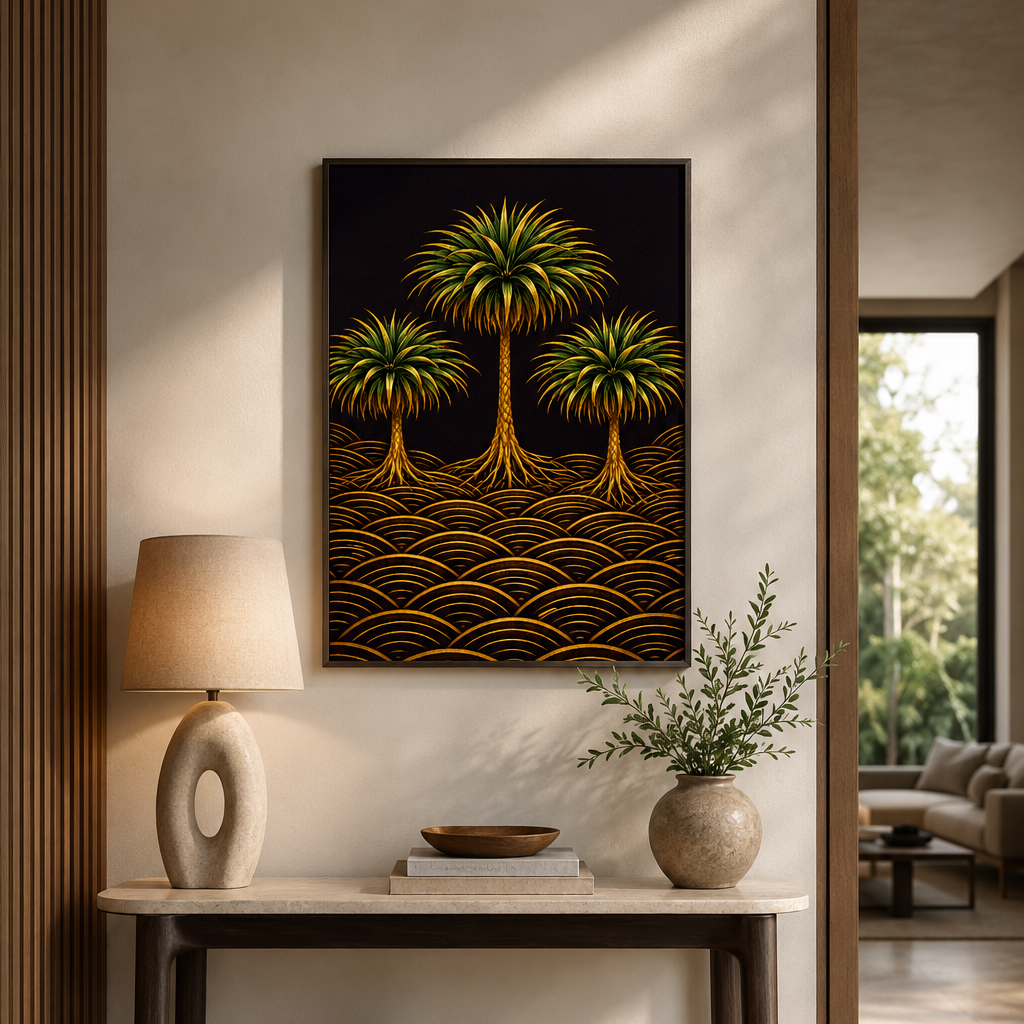 A framed wall art print featuring three stylized palm trees above a wave-like pattern, displayed in a modern interior setting above a console table with a lamp and vase.
