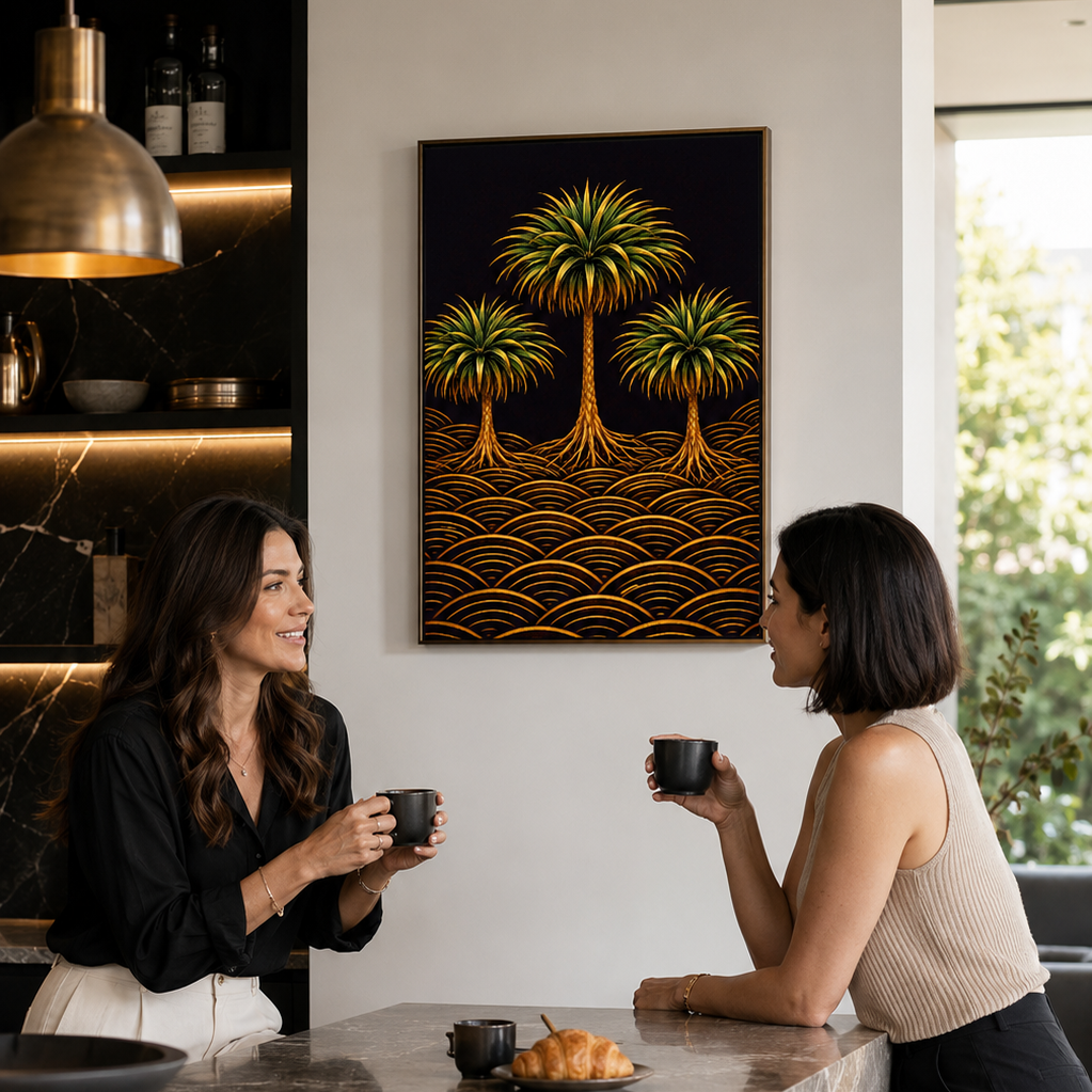 A lifestyle scene in a modern kitchen where two women are conversing at a marble counter. On the wall above them hangs a square art print depicting stylized green palm trees on a dark background with gold wave patterns.