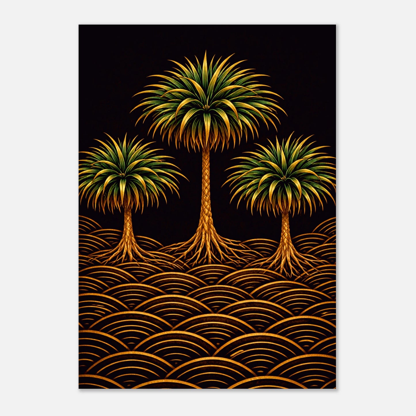 A vertical art print featuring three stylized palm trees with green and yellow fronds and orange-brown trunks, standing above a repeating wave pattern in gold and orange on a black background, shown against a light gray studio backdrop.