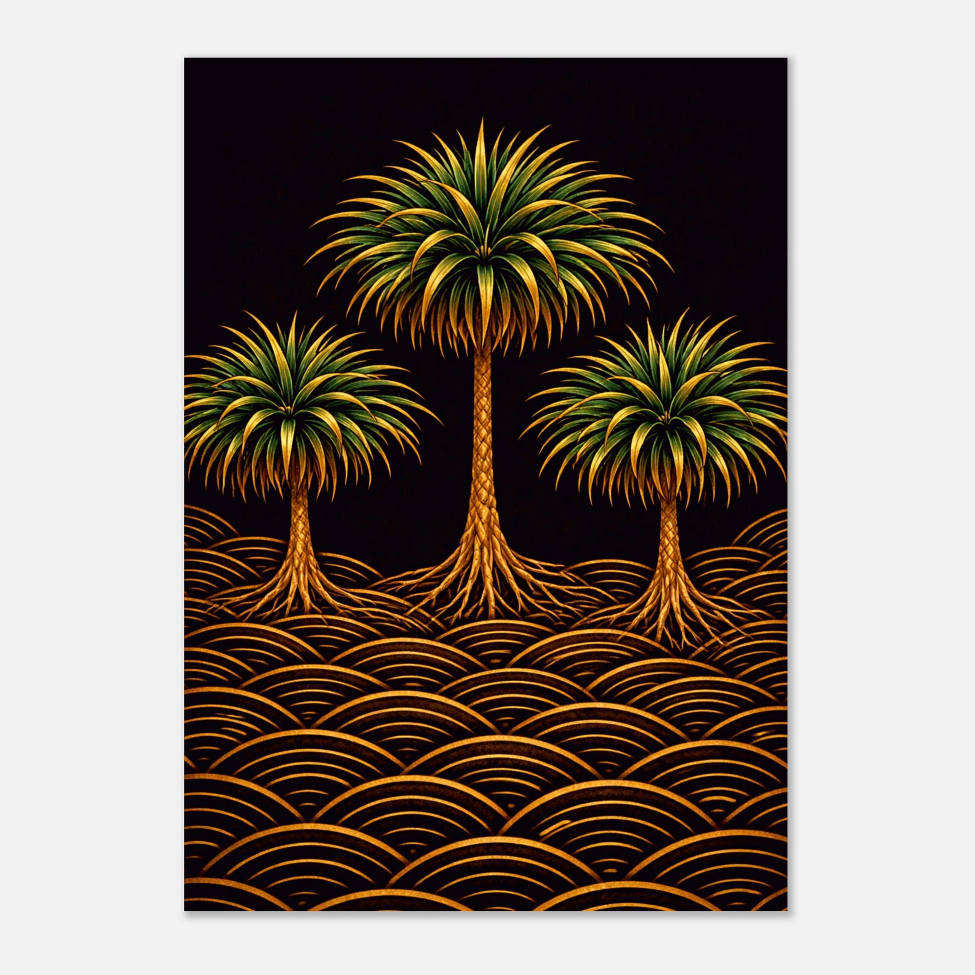 A vertical art print featuring three stylized palm trees with green and yellow fronds and orange-brown trunks, standing above a repeating wave pattern in gold and orange on a black background, shown against a light gray studio backdrop.