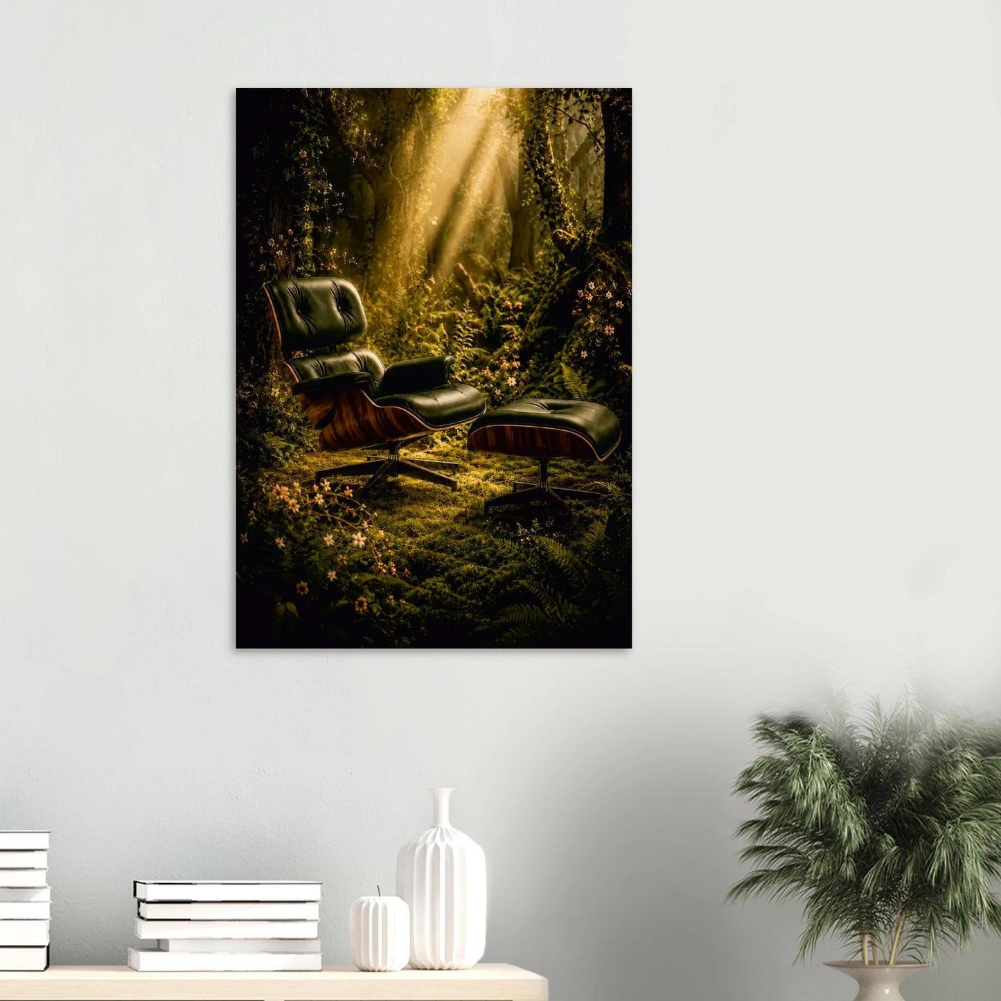 Going Off Grid was always the plan. An Eames Lounge Chair and Ottoman-inspired piece, dark leather and moulded plywood shells, sits in a deep forest clearing as golden shafts of light break through the canopy above. Wildflowers and ferns press in from every side, the air is thick with green and gold, and the chair looks exactly as it should, completely at ease, entirely unbothered, and very much not taking any calls. It went off grid, and it is not coming back.