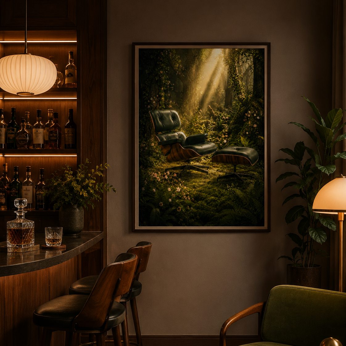 A framed vertical art print depicting a lush green forest with a glowing chair under soft light, displayed on a dark wall in a cozy, dimly lit bar and lounge setting.

Going Off Grid was always the plan. An Eames Lounge Chair and Ottoman-inspired piece, dark leather and moulded plywood shells, sits in a deep forest clearing as golden shafts of light break through the canopy above. Wildflowers and ferns press in from every side, the air is thick with green and gold, and the chair looks exactly as it should, 