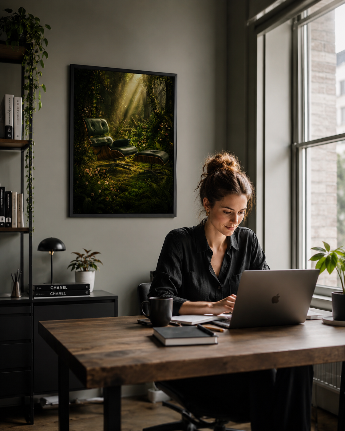 A woman sits at a wooden desk using a laptop in a modern office setting, with a framed forest art print hanging on the wall behind her.